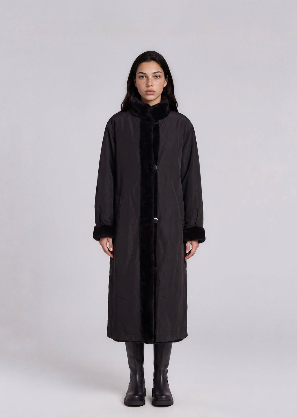 Black Fur Trimmed Long Coat