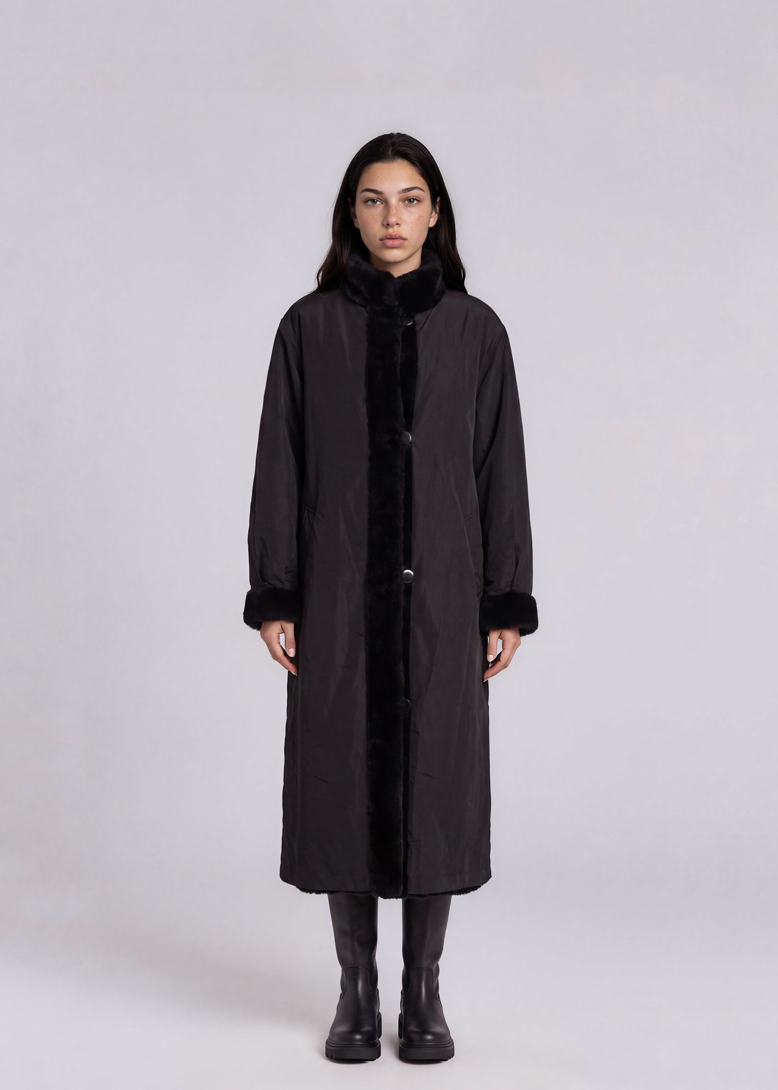 Black Fur Trimmed Long Coat