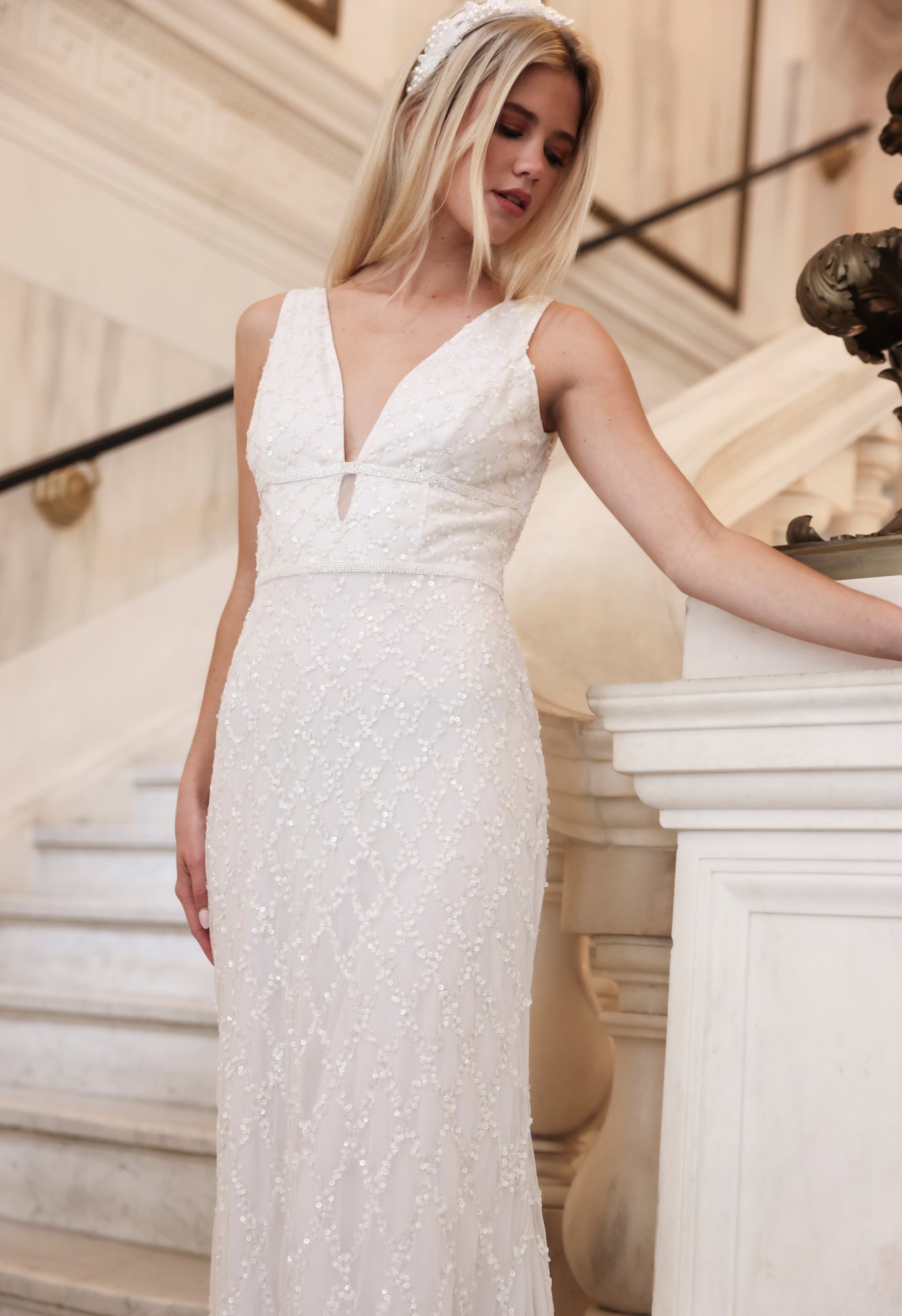White Sequin V-neck Gown
