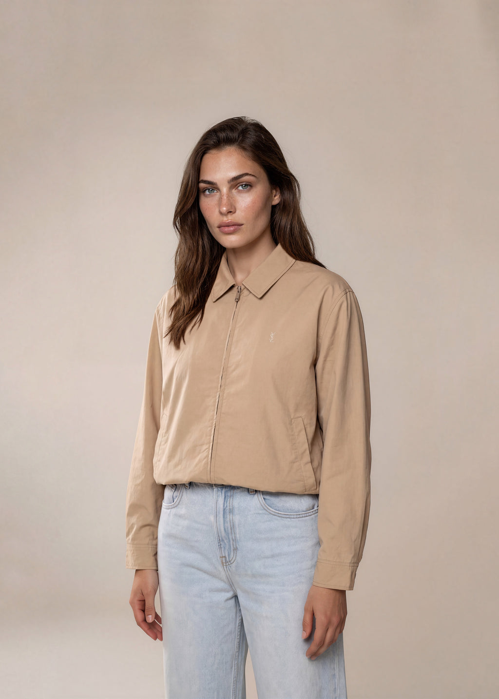 YSL Tan Classic Collared Bomber with Contrast Stripe Hem