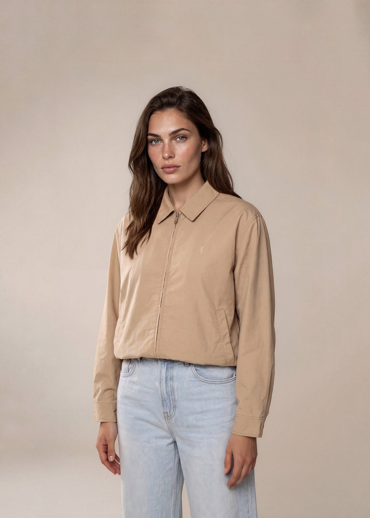 YSL Tan Classic Collared Bomber with Contrast Stripe Hem
