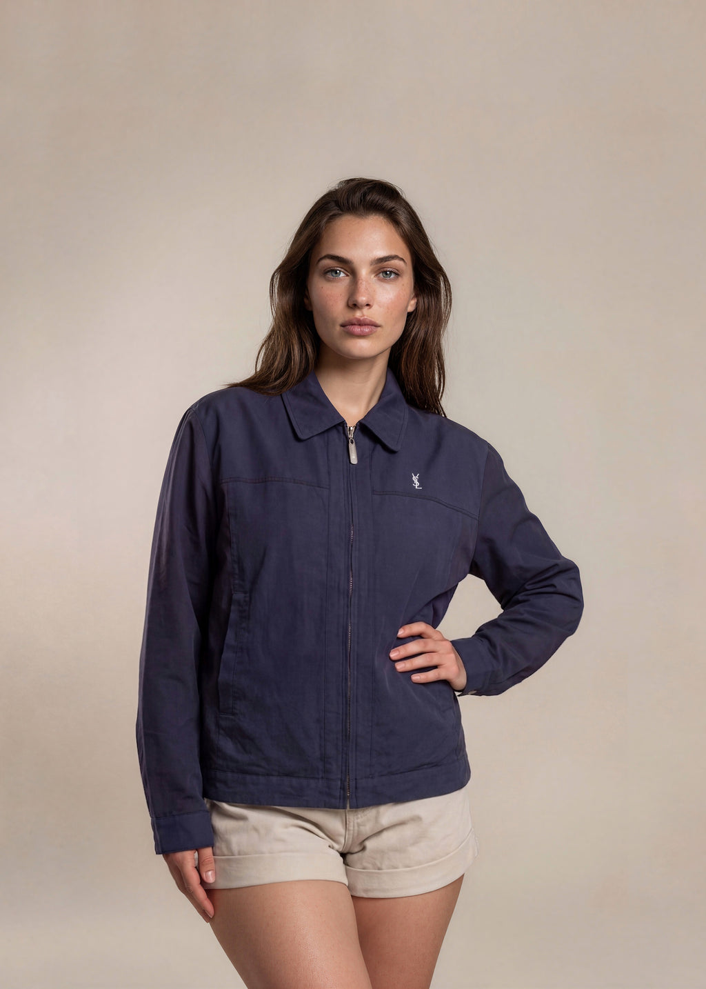 YSL Navy Classic Collared Bomber with White Logo