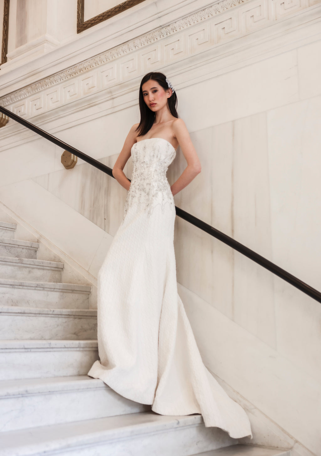 White Strapless Embroidered Gown