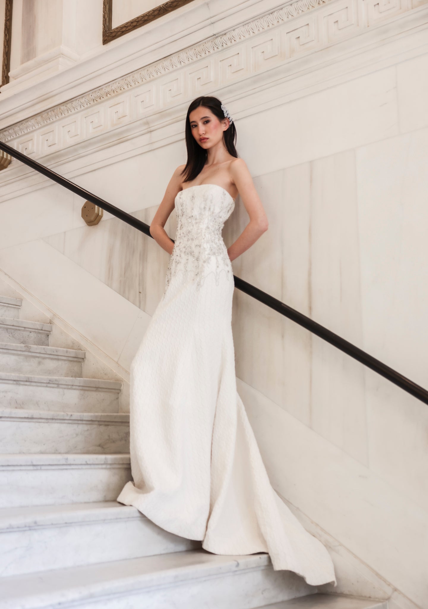 White Strapless Embroidered Gown