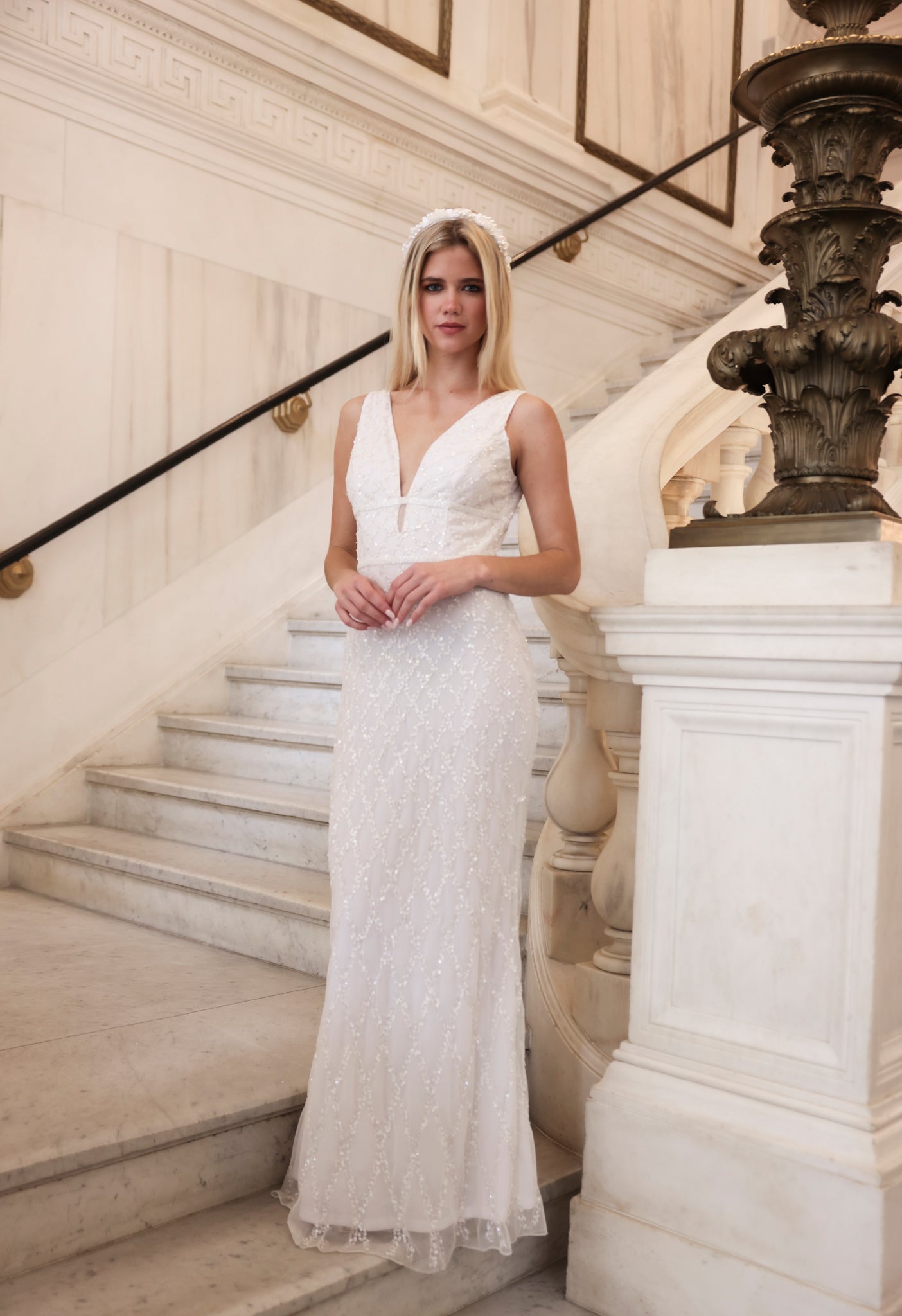 White Sequin V-neck Gown