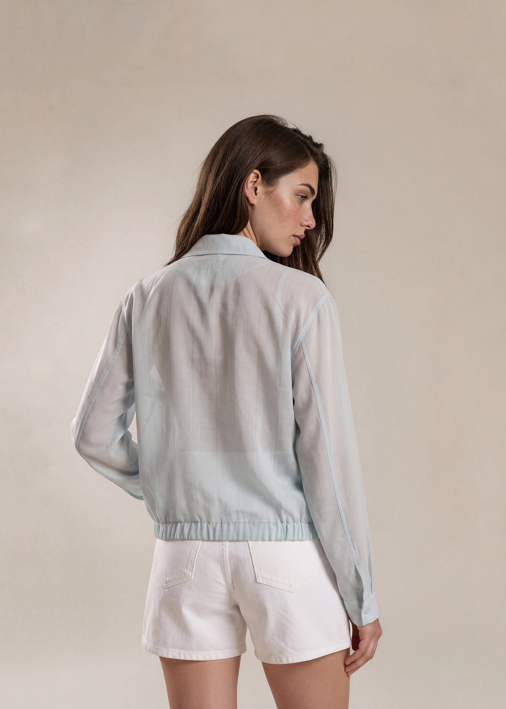 YSL Baby Blue Classic Collared Bomber with Navy Logo