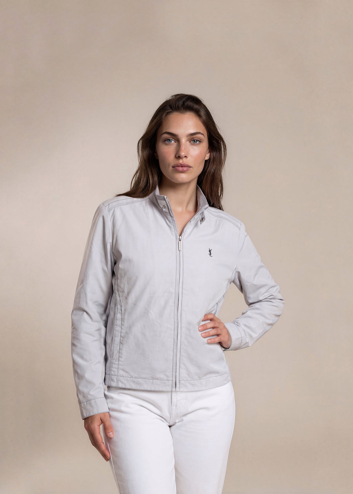 YSL Light Grey Contrast Stitched Zip Collar Bomber