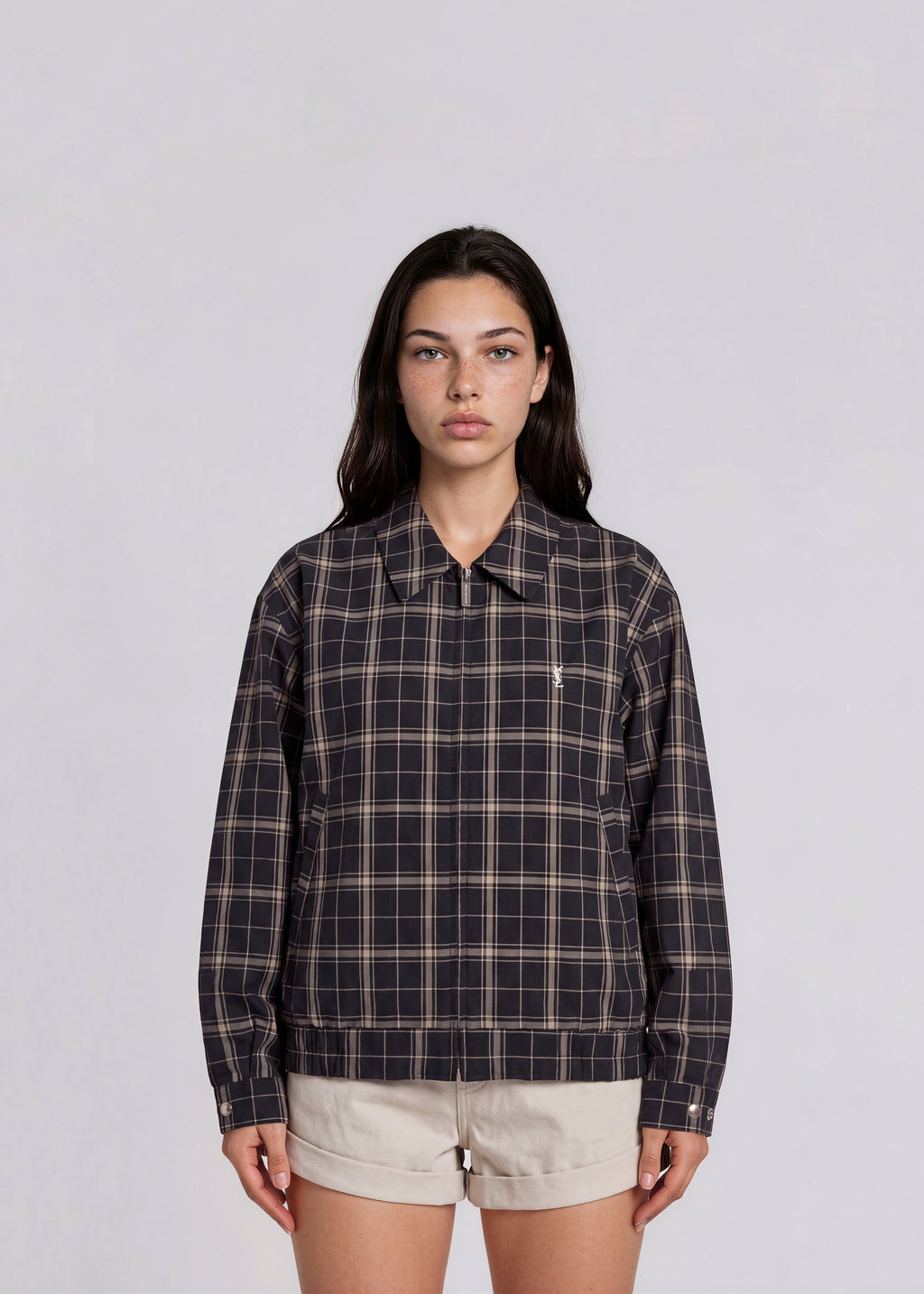 YSL Navy and Tan Plaid Bomber