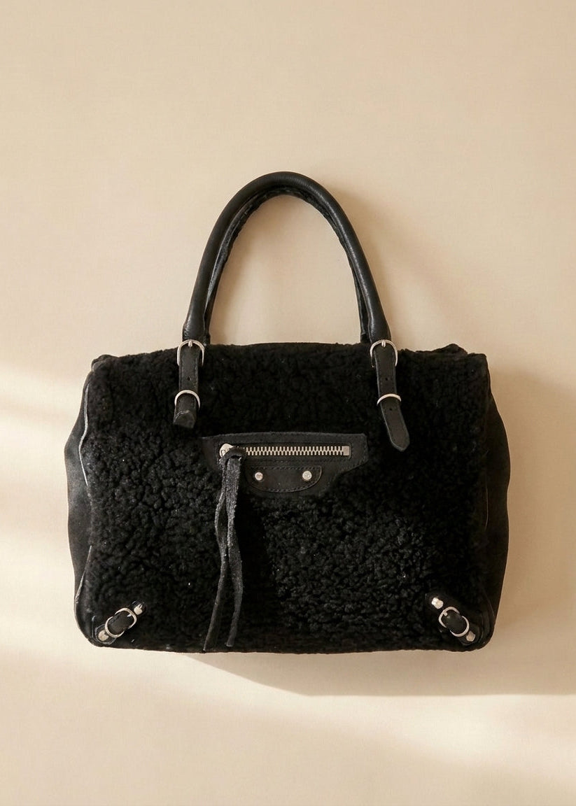 Balenciaga Black Shearling City Bag