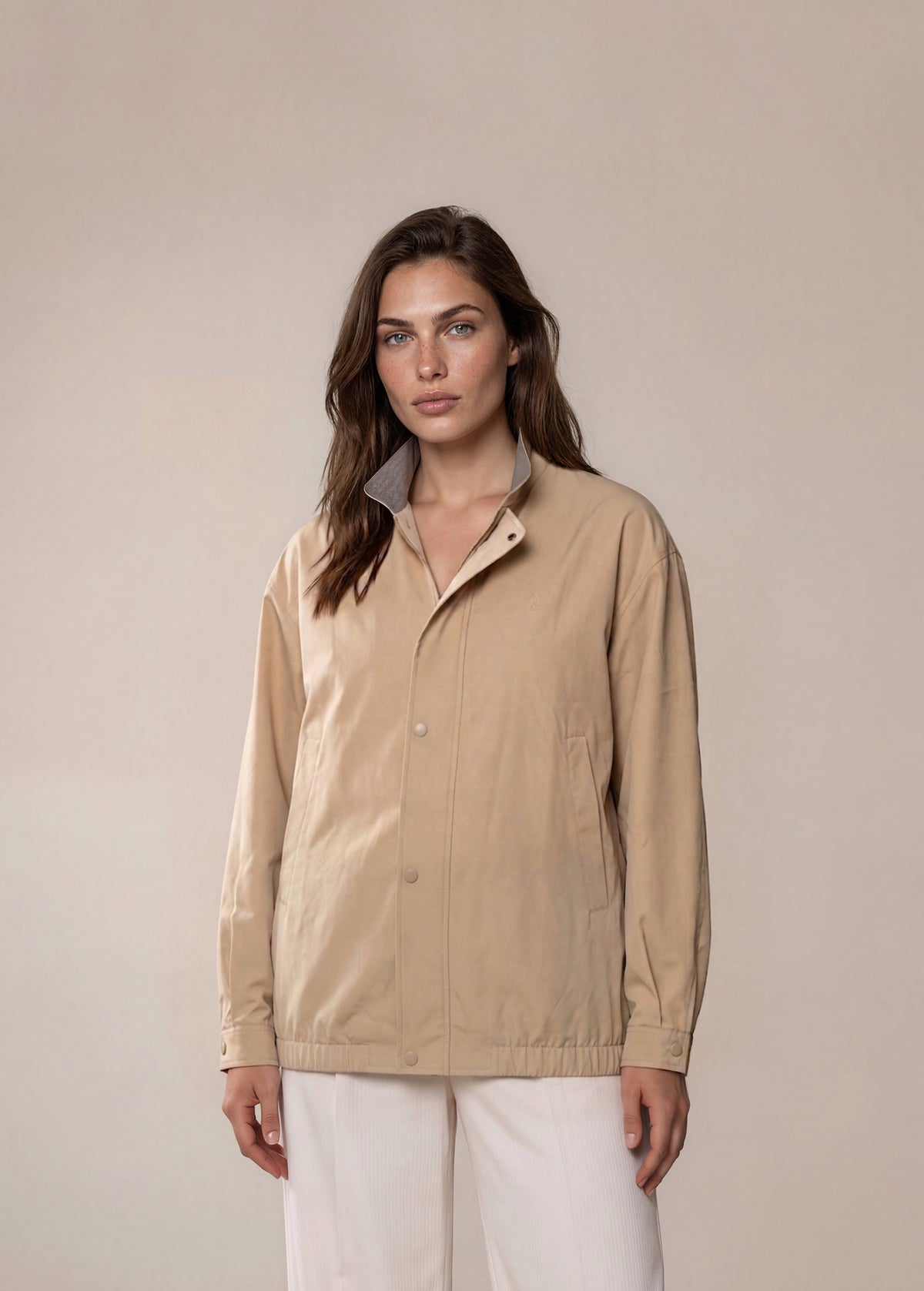 YSL Tan Windbreaker Bomber with Striped Collar