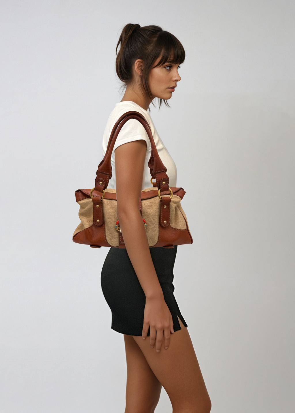 Valentino Tan Leather and Raffia Handbag