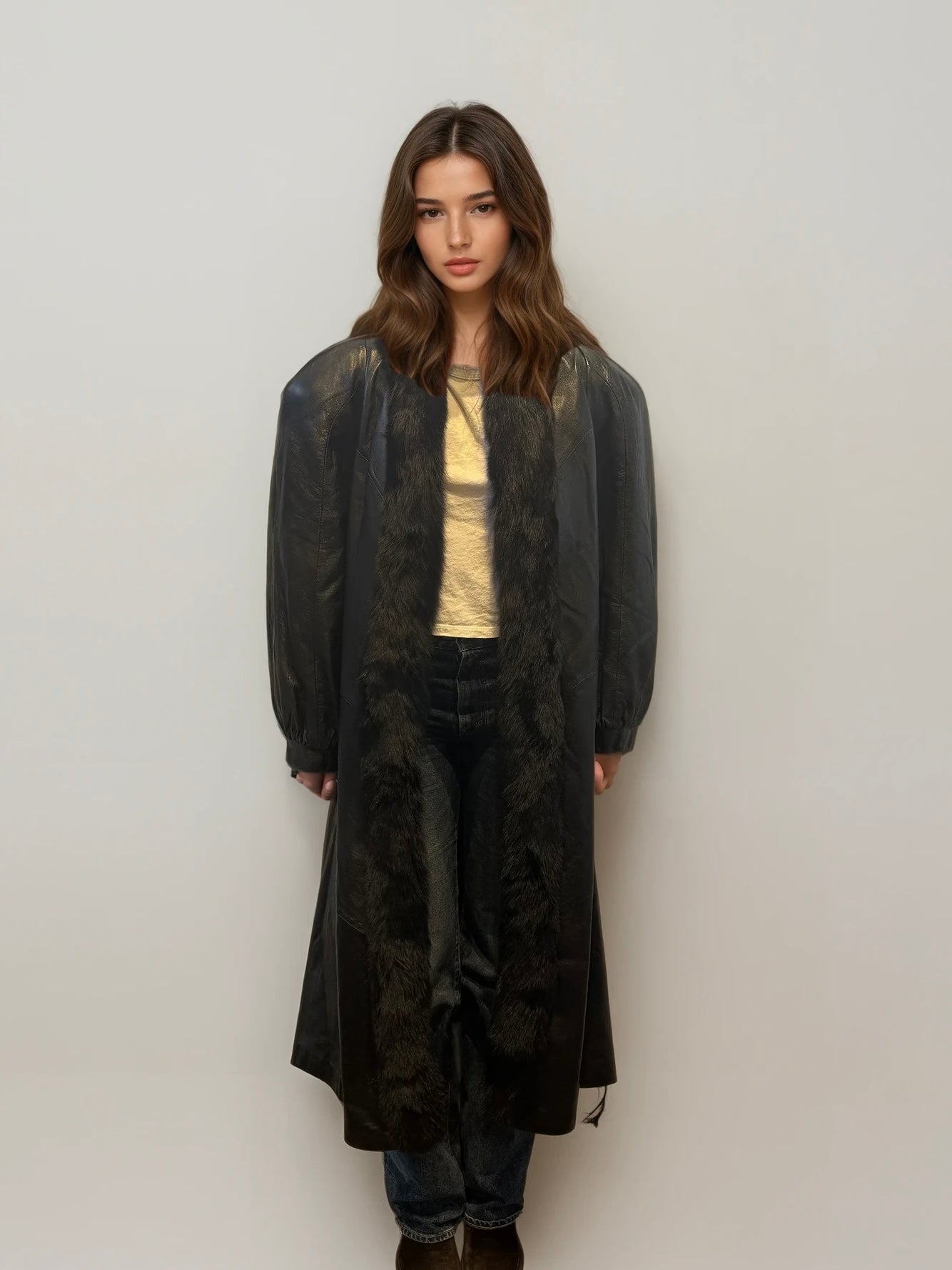 Black Leather and Fur Trim Long Coat