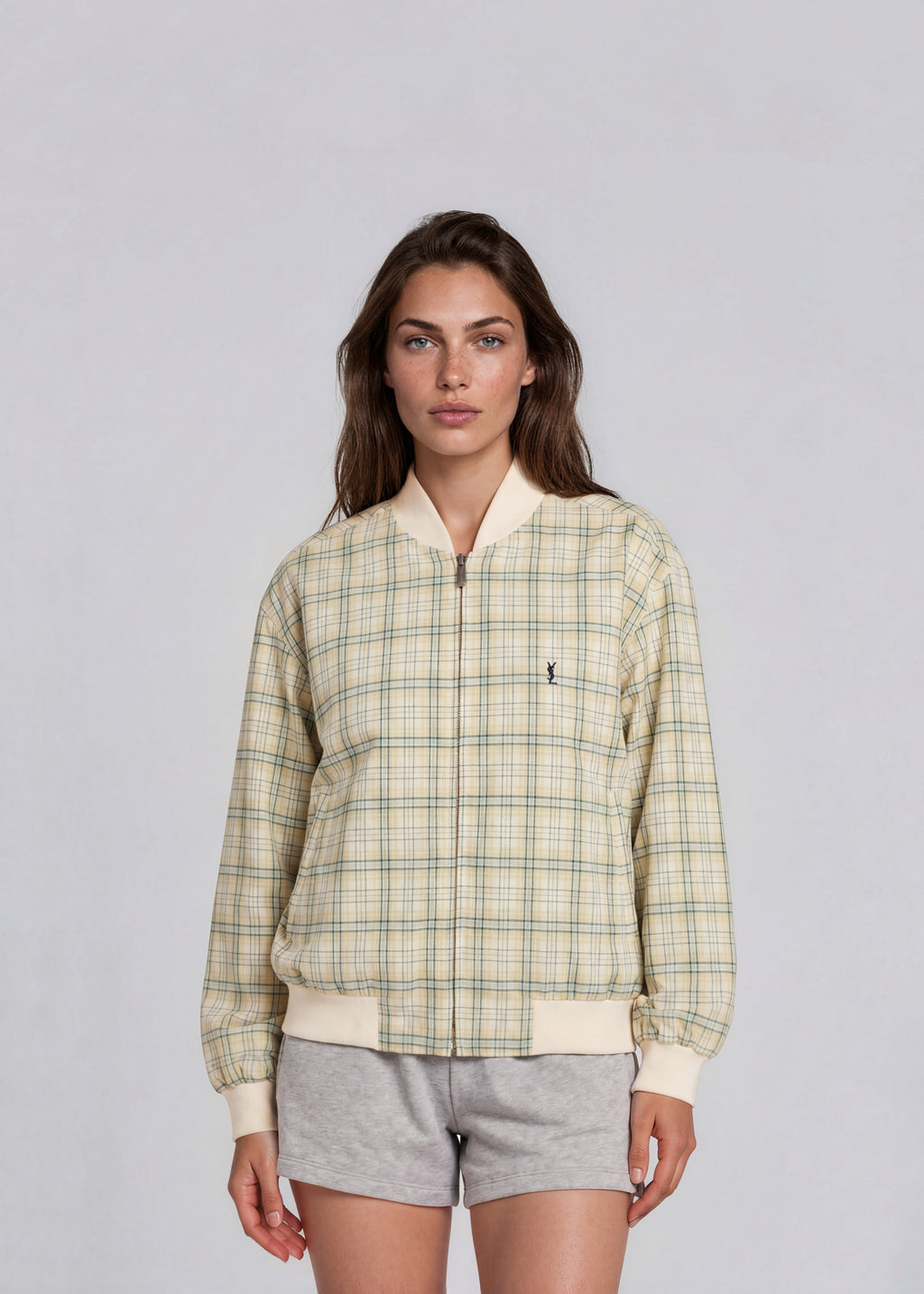 YSL Pale Yellow Plaid Knit Collar Bomber
