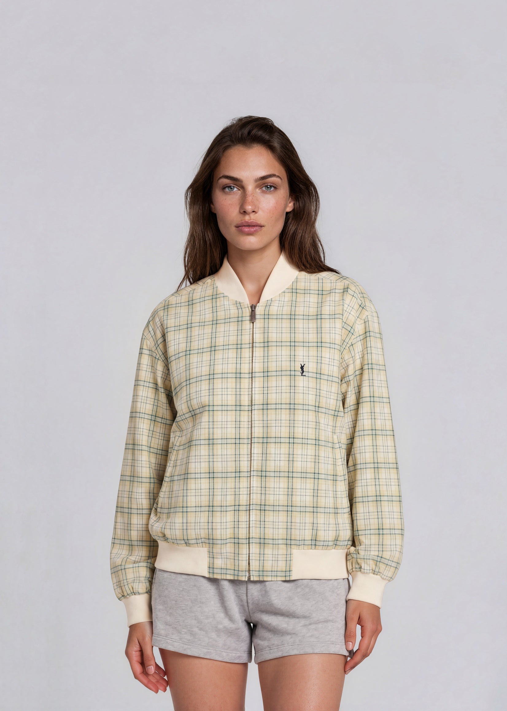 YSL Pale Yellow Plaid Knit Collar Bomber