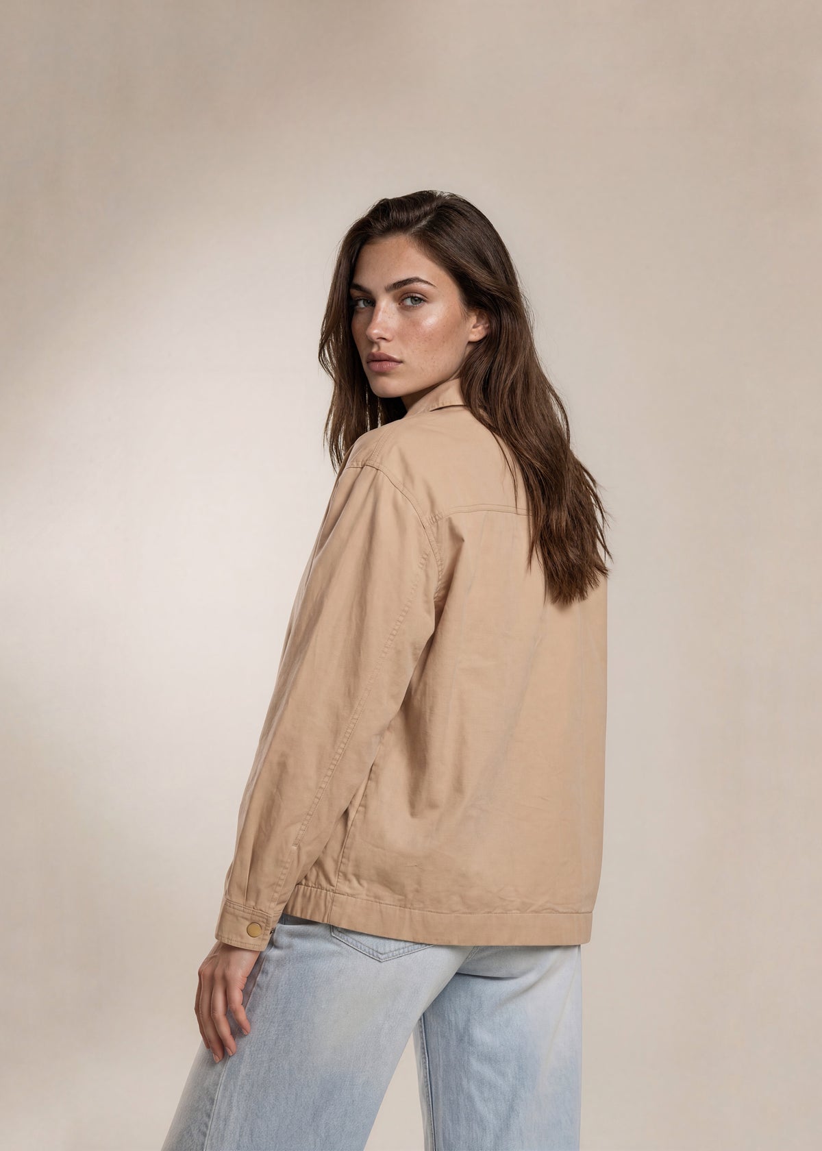 YSL Tan Classic Collared Bomber with Contrast Stripe Hem