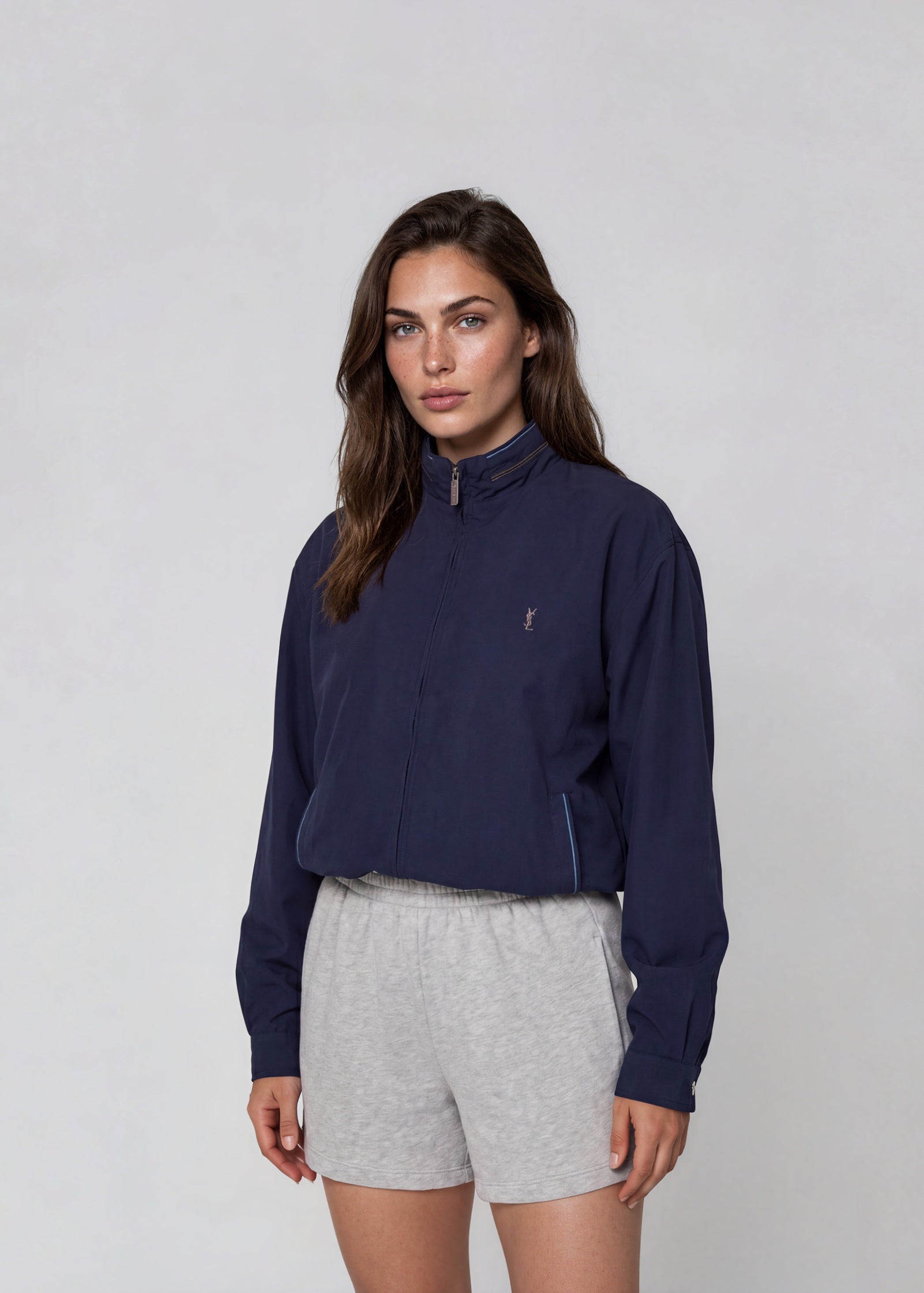 Ysl Navy Windbreaker with Blue and Brown Piping