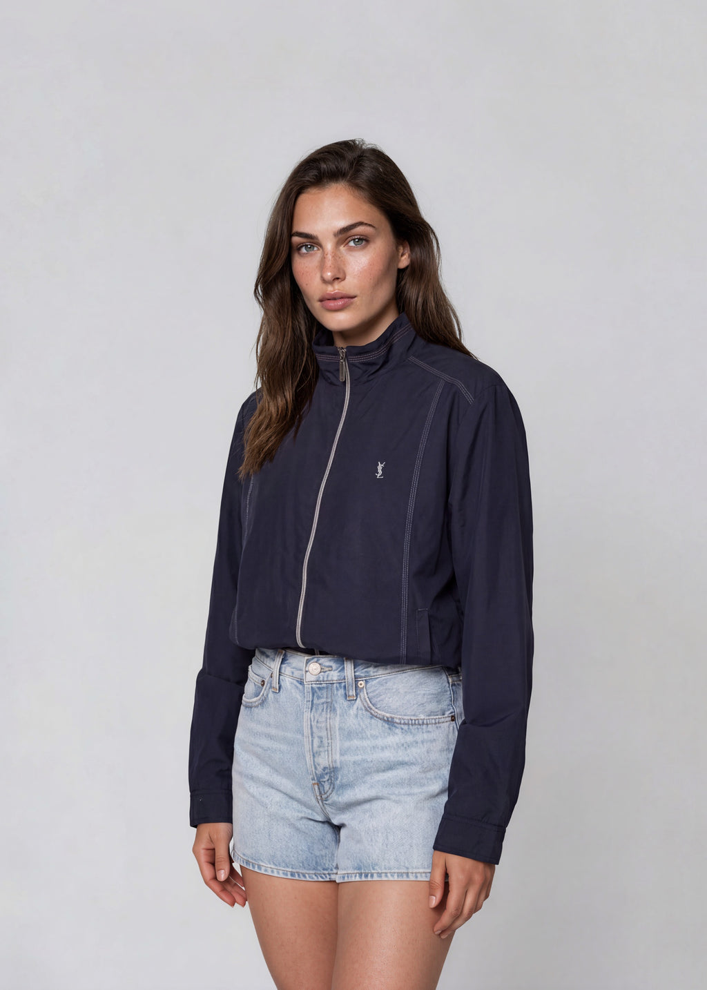 YSL Contrast Stitch Navy Bomber