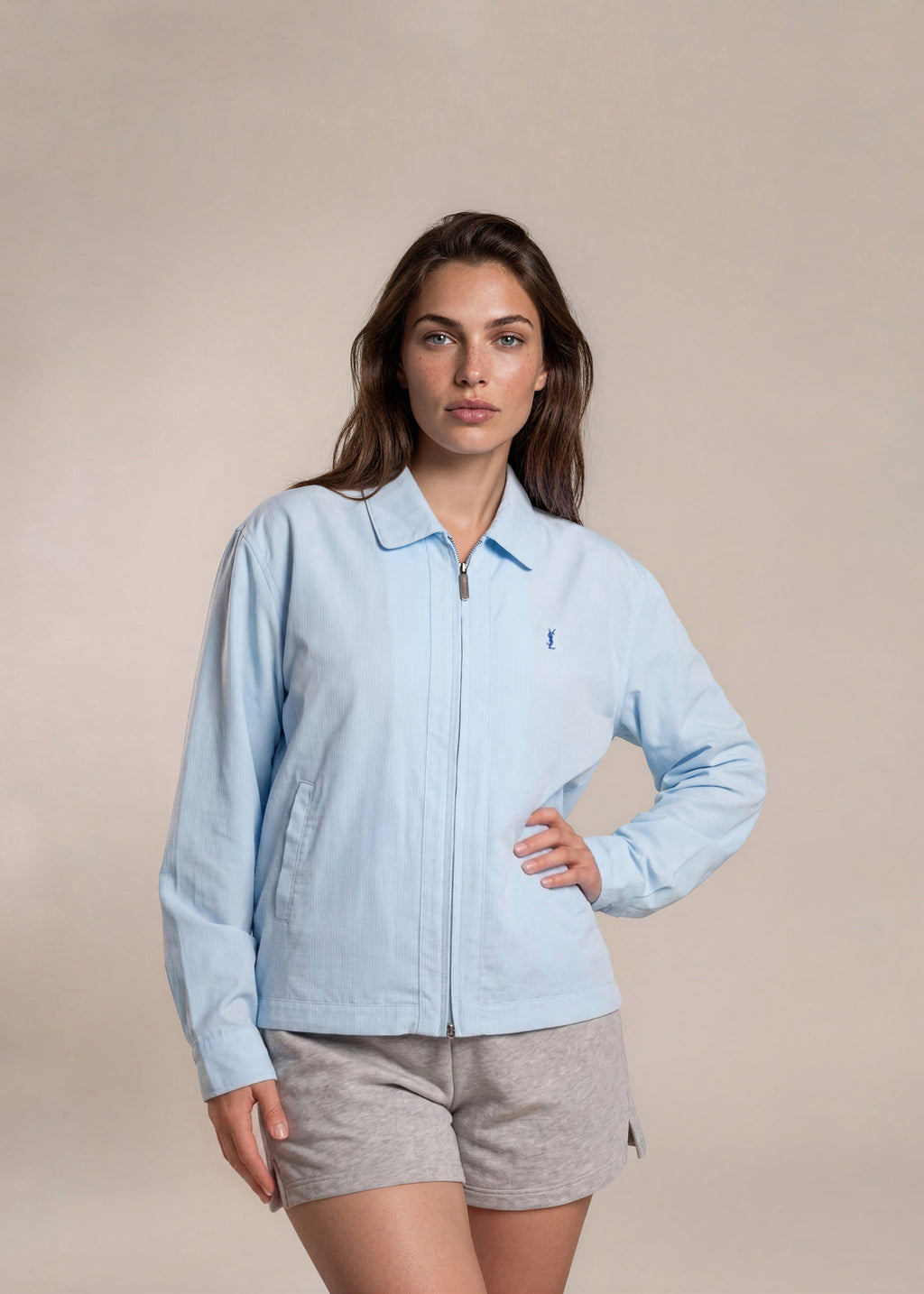 YSL Baby Blue Classic Collared Bomber with Navy Logo