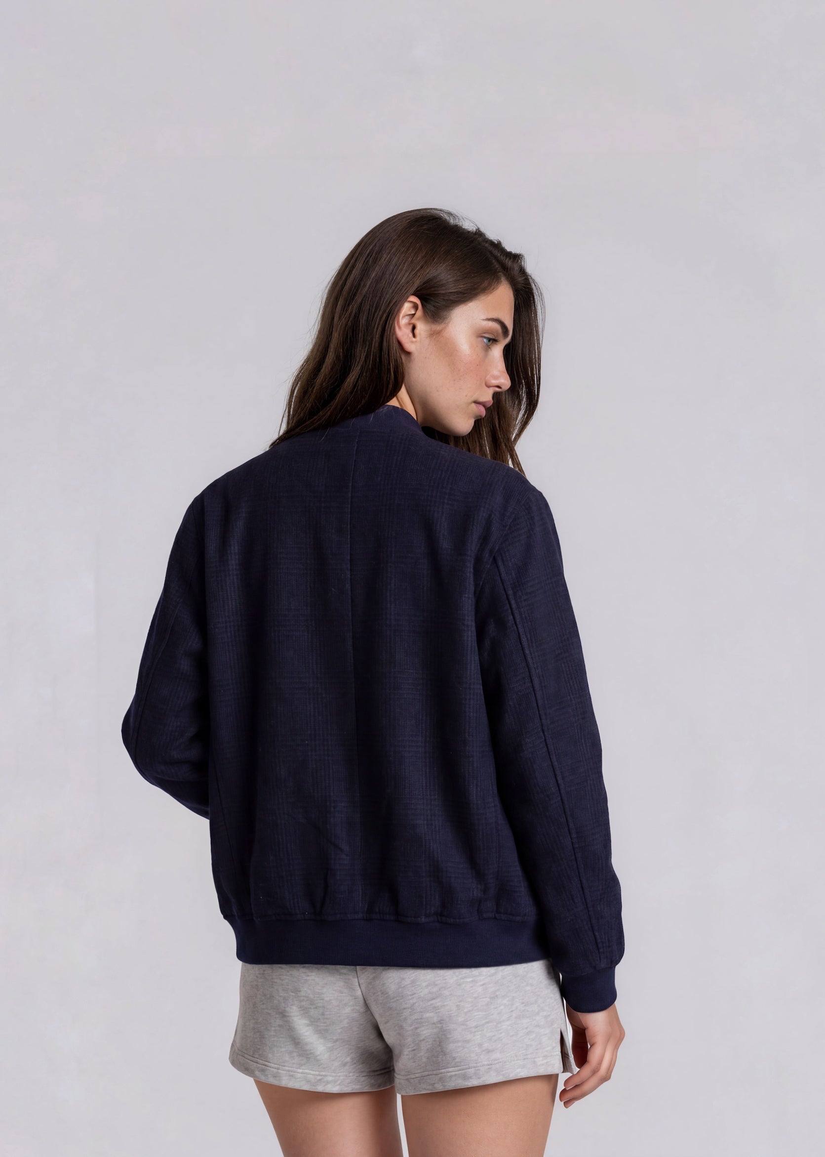 YSL Dark Navy Plaid Snap Collar Bomber