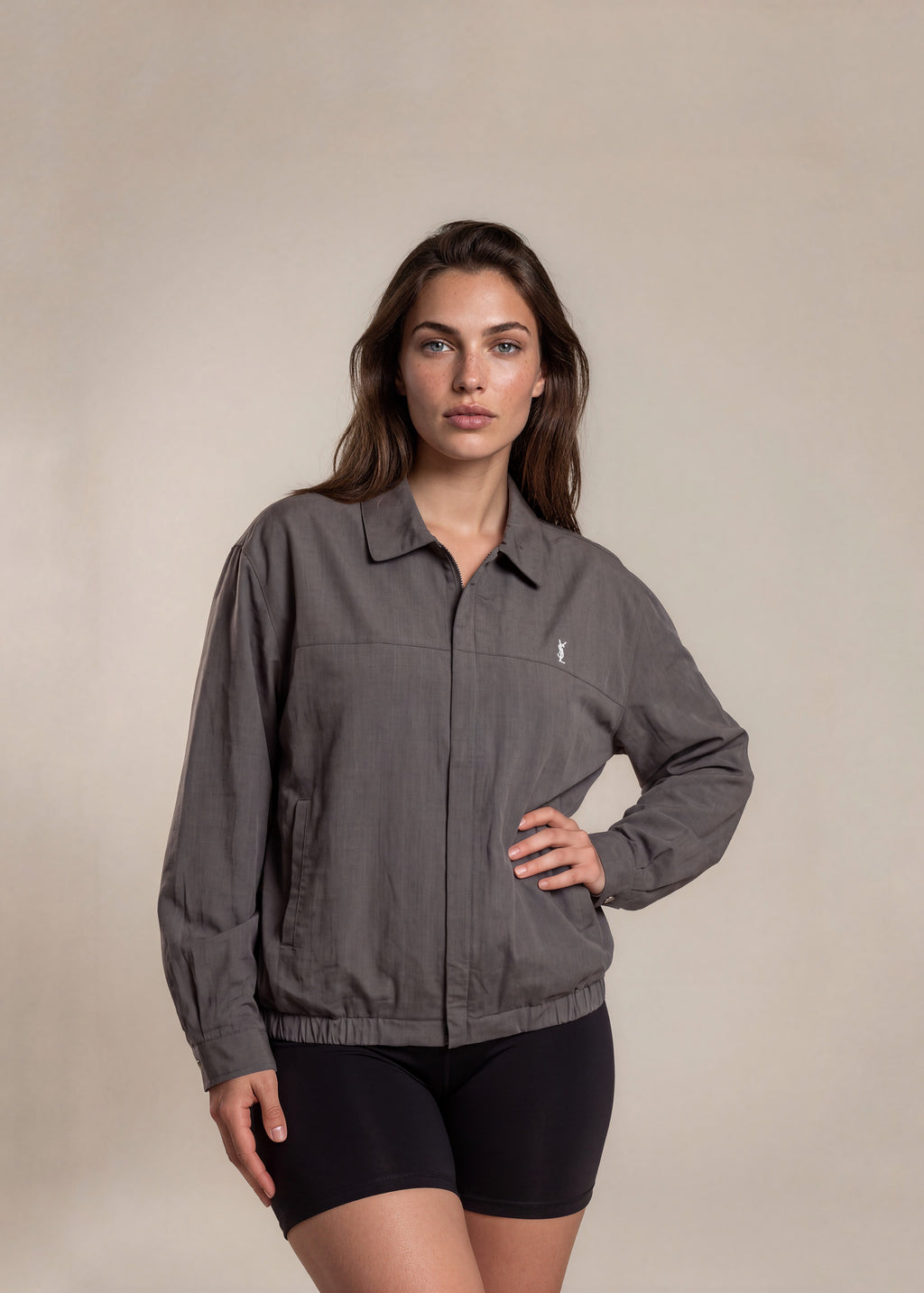 YSL Dark Grey Classic Collared Bomber with White Logo