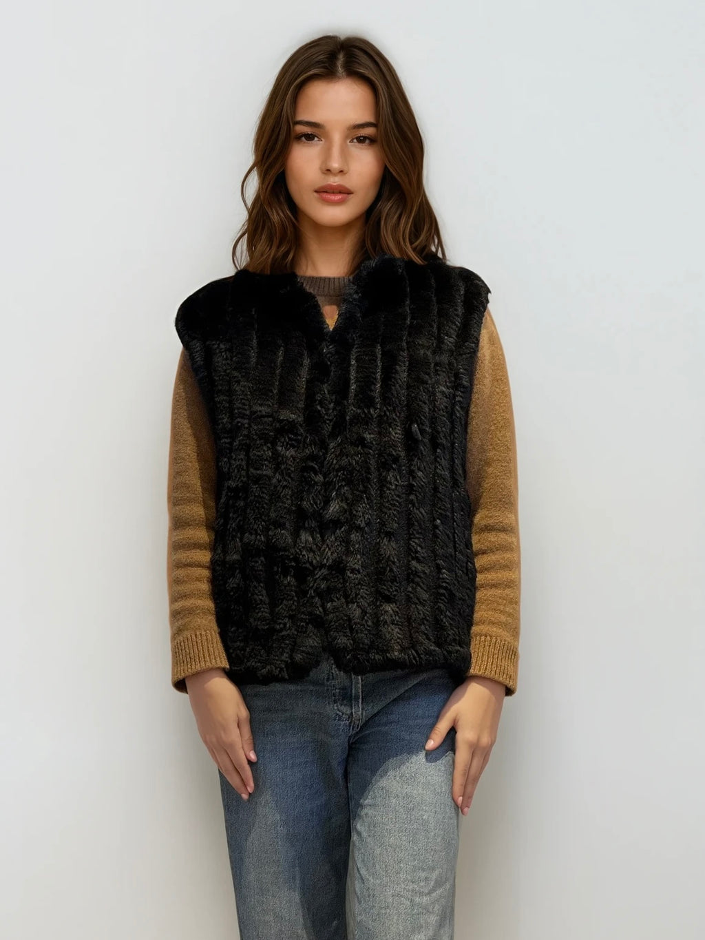 Black Ribbed Fur Vest