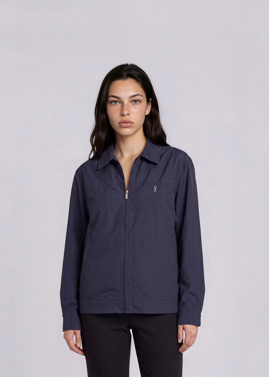 YSL Navy Classic Collared Bomber with White Logo
