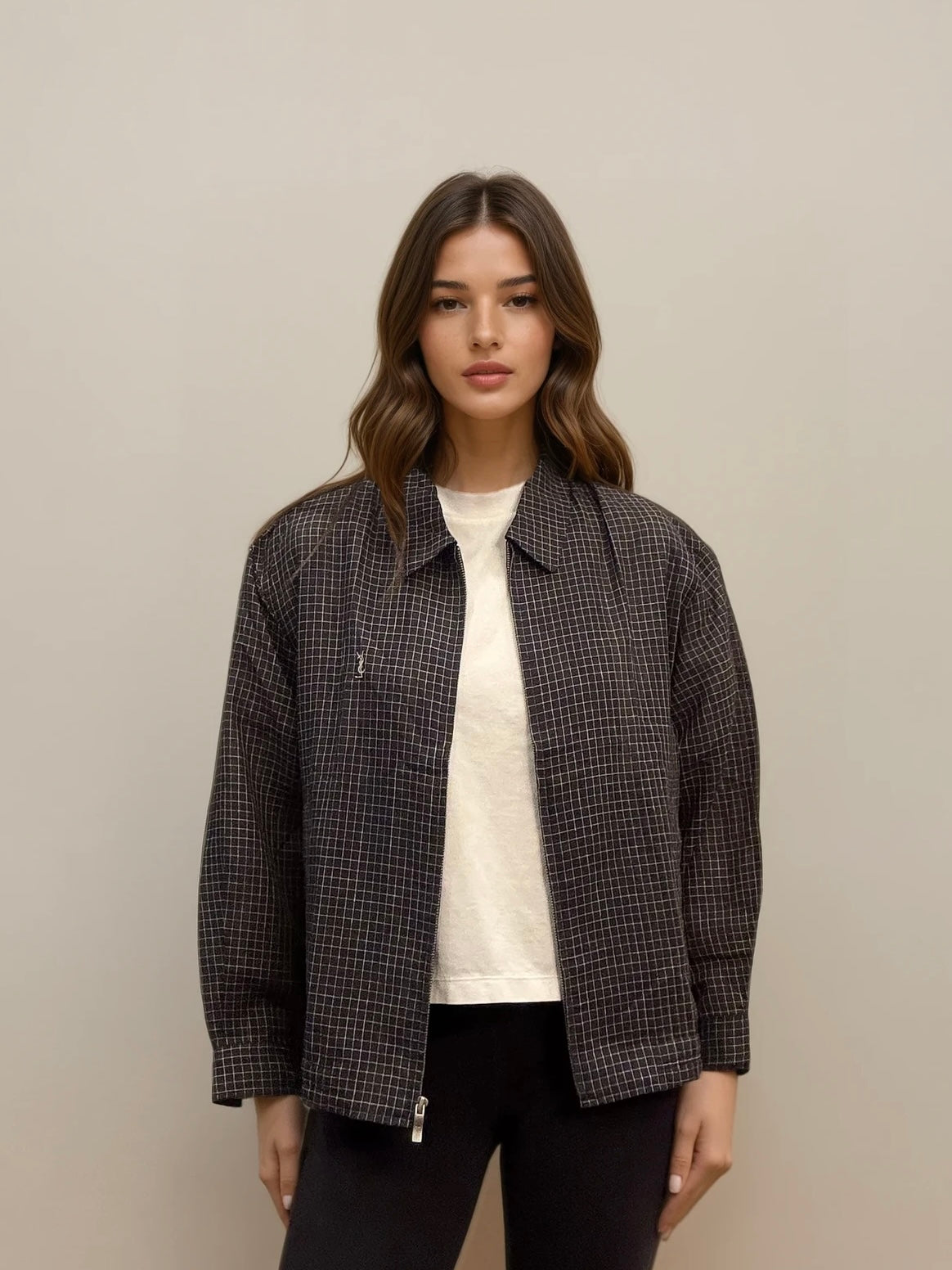 Ysl Navy and White Plaid Bomber