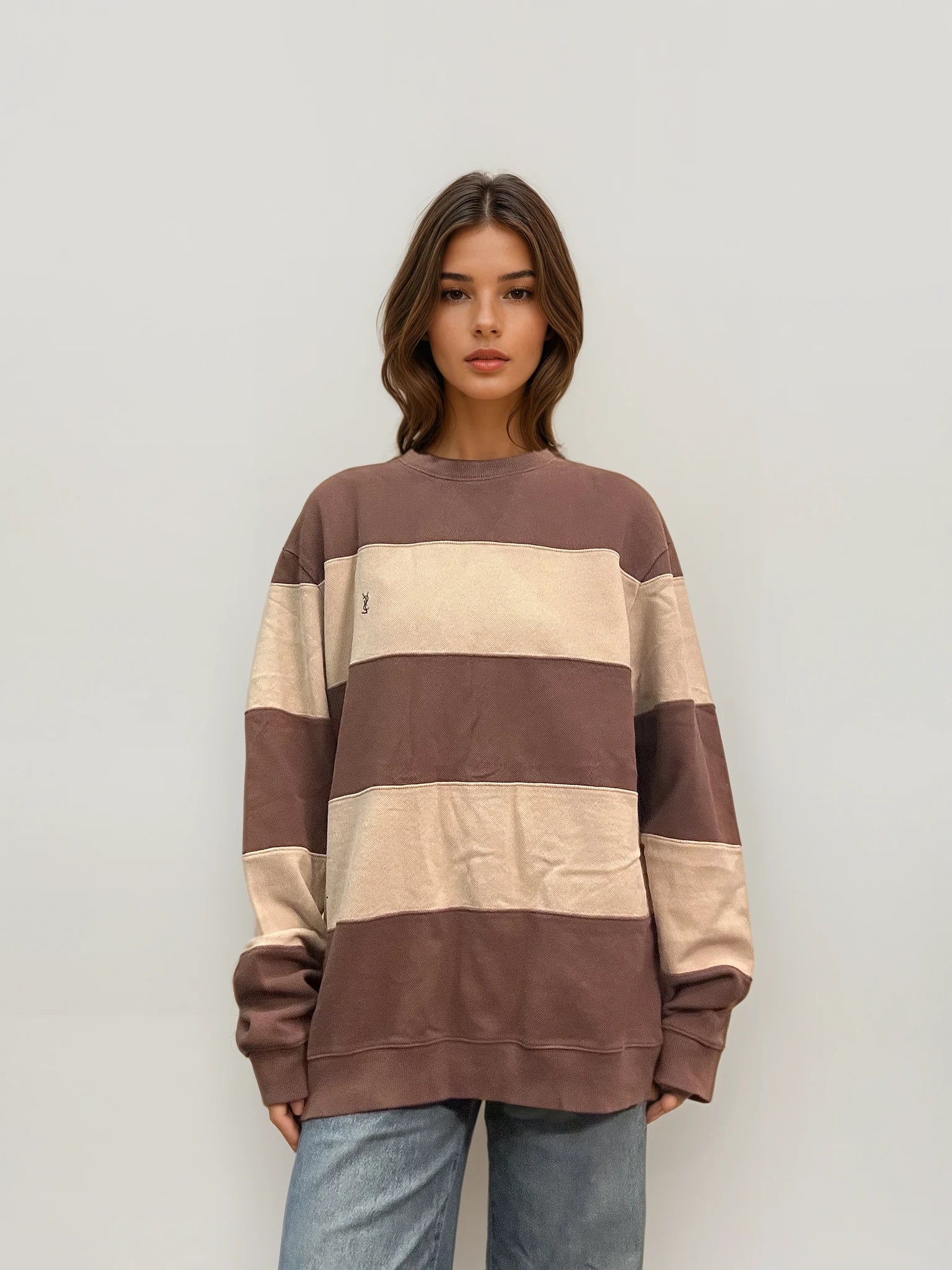 YSL Brown and Cream Striped Crewneck