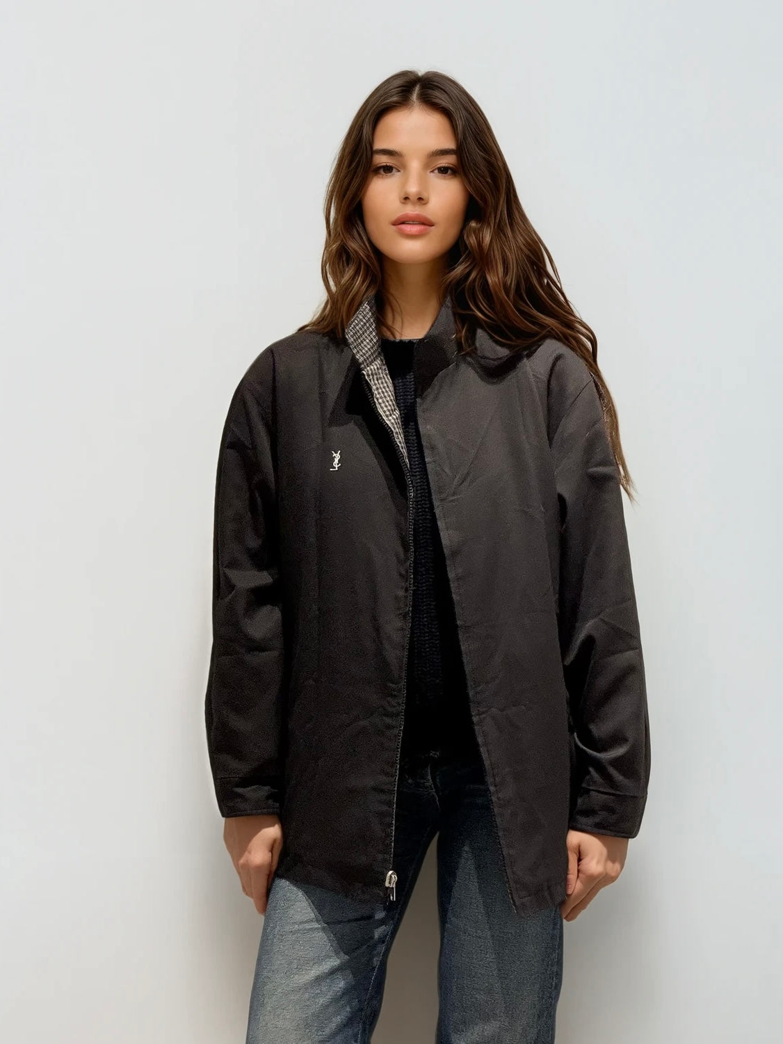 YSL Reversible Checked Navy Bomber with White Logo