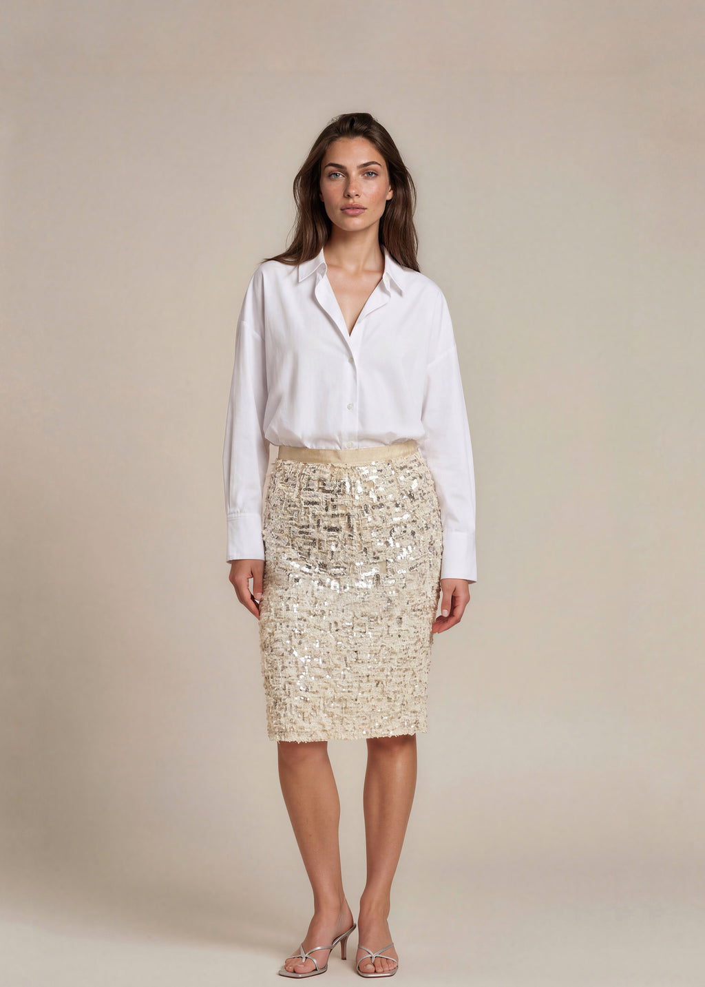 Oscar De La Renta Cream Tweed and Sequin Skirt