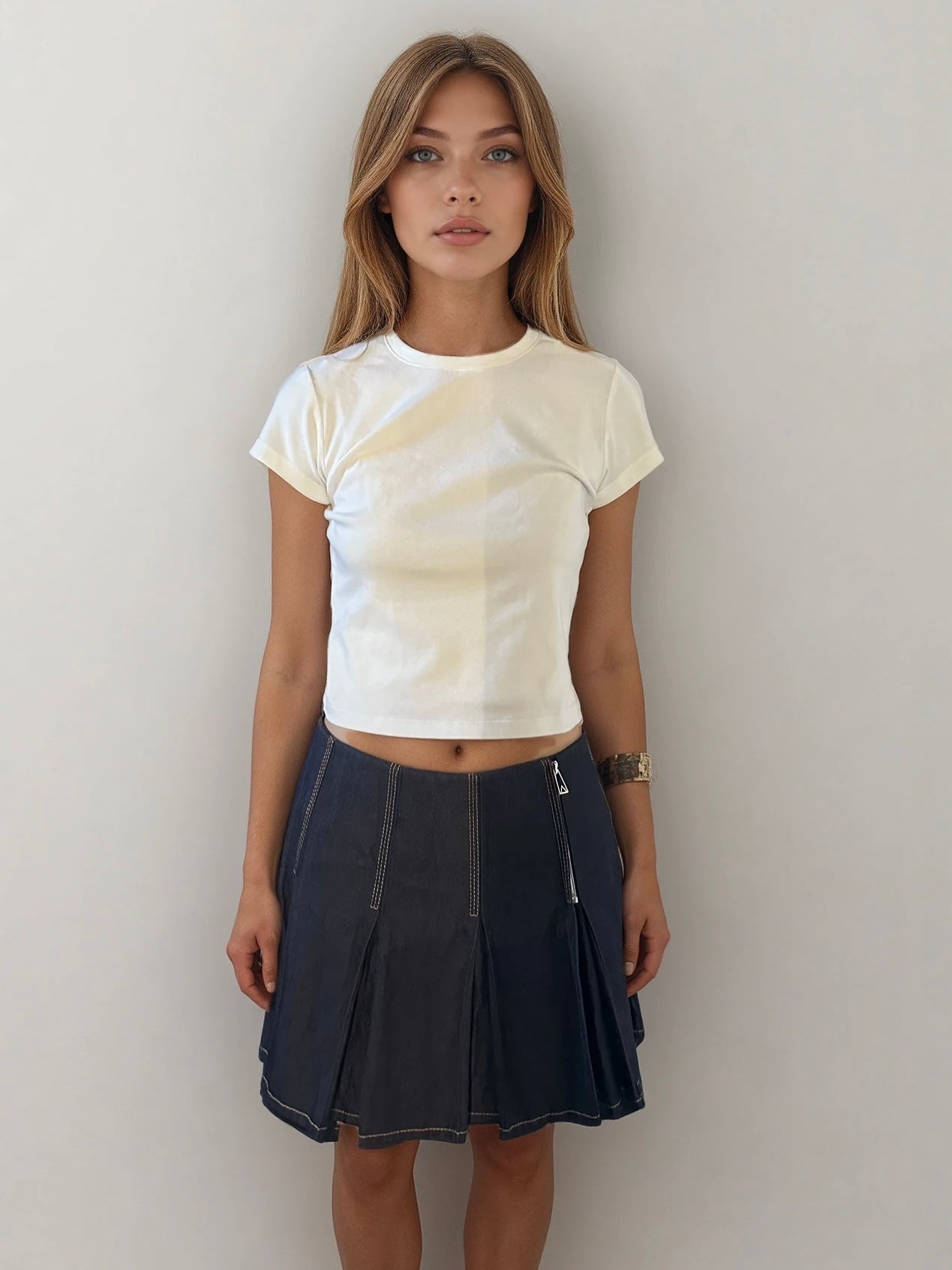 Bottega Veneta Denim Pleated Mini Skirt