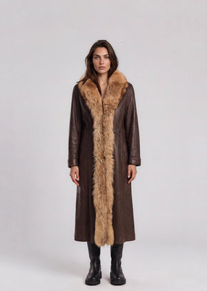 Brown Leather and Fur Trimmed Long Coat