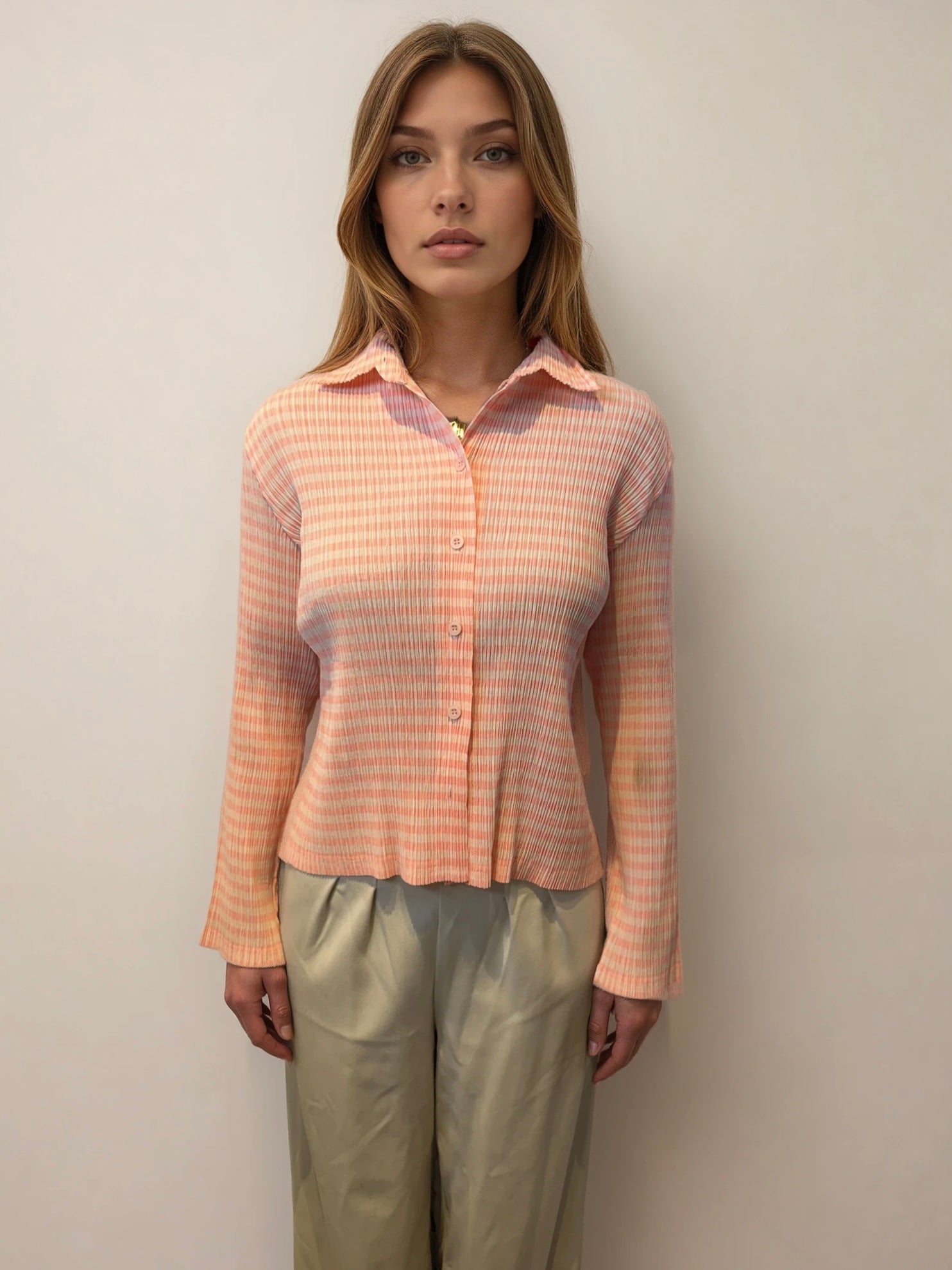 Issey Miyake White and Orange Printed Button Down