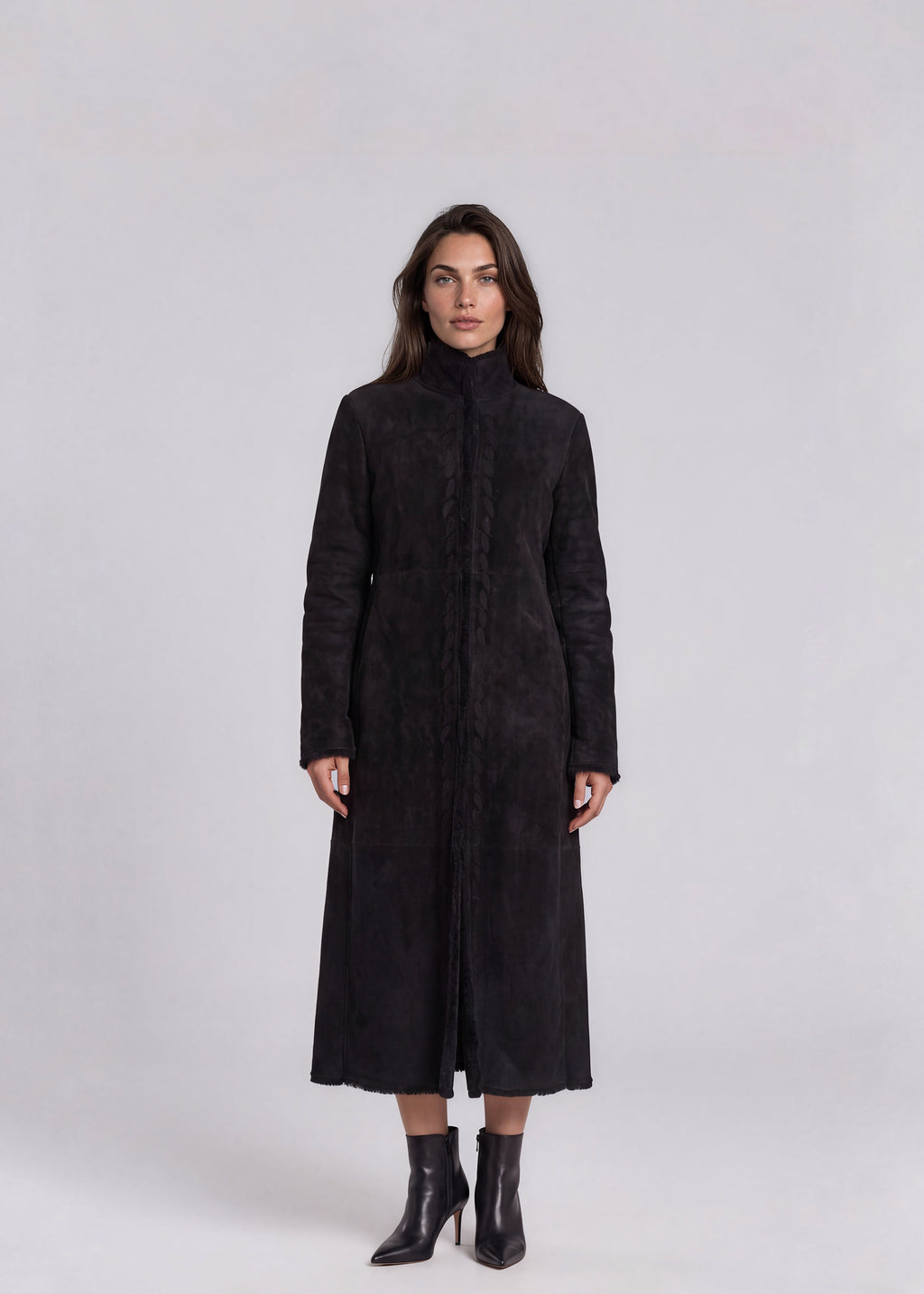 Black Suede Shearling Long Coat