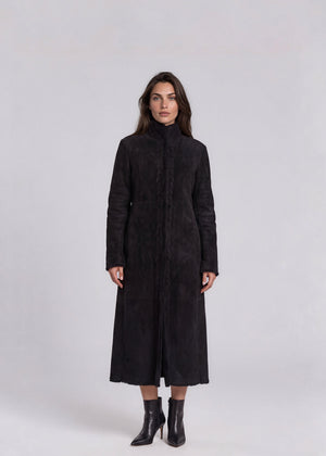 Black Suede Shearling Long Coat