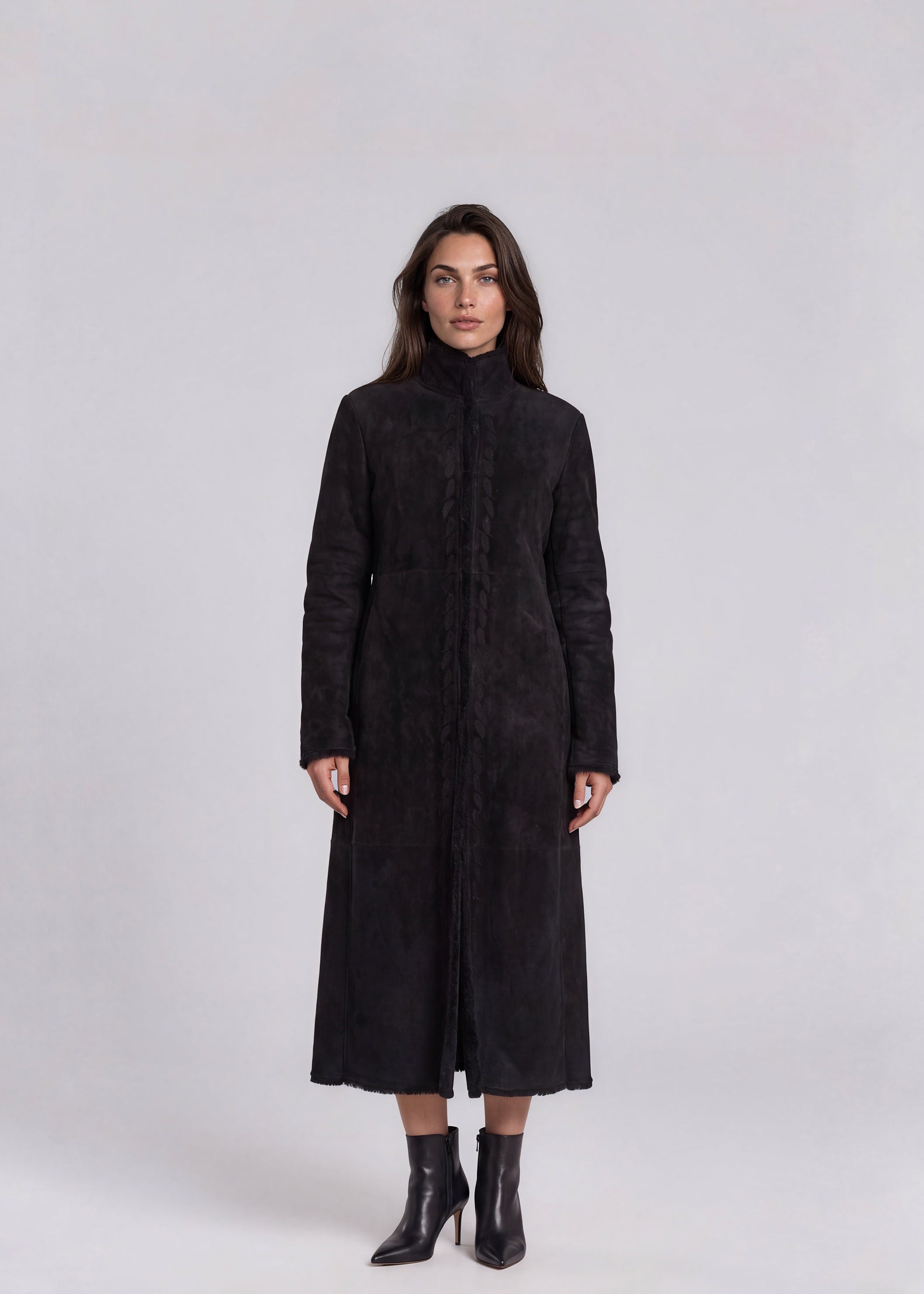 Black Suede Shearling Long Coat