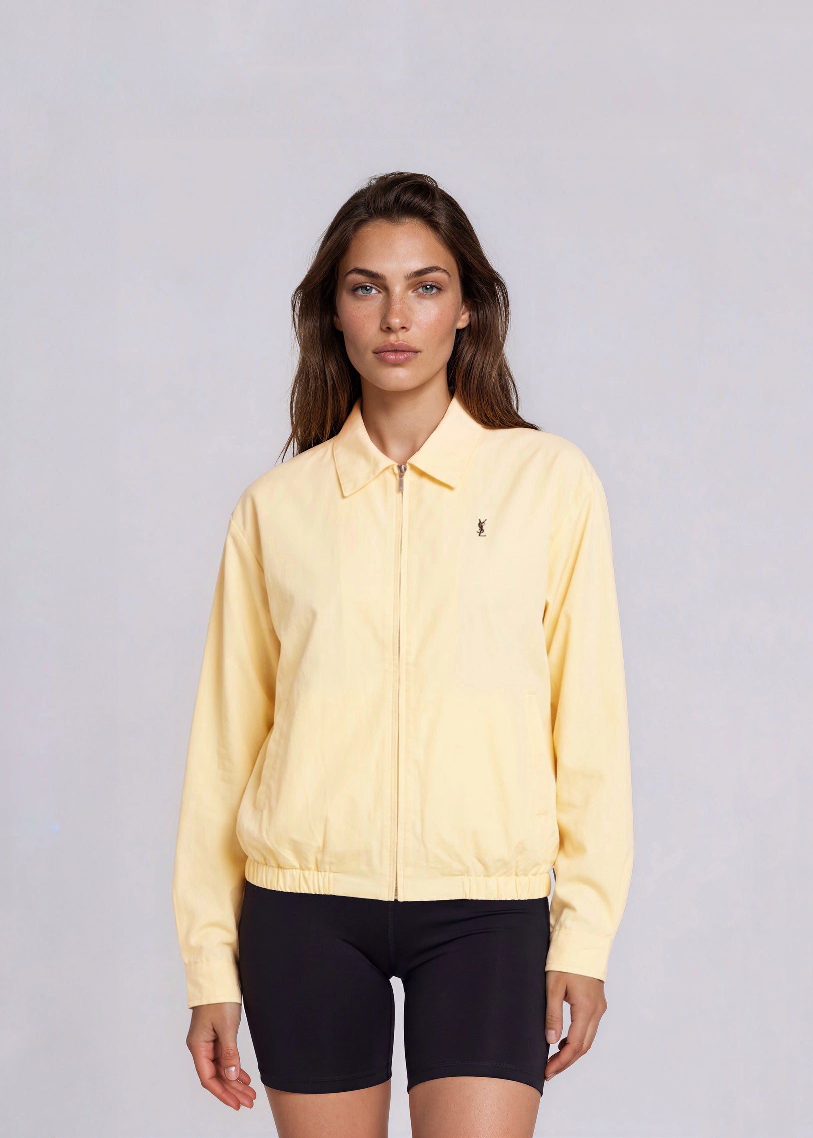 YSL Light Yellow Collared Bomber with Navy Logo