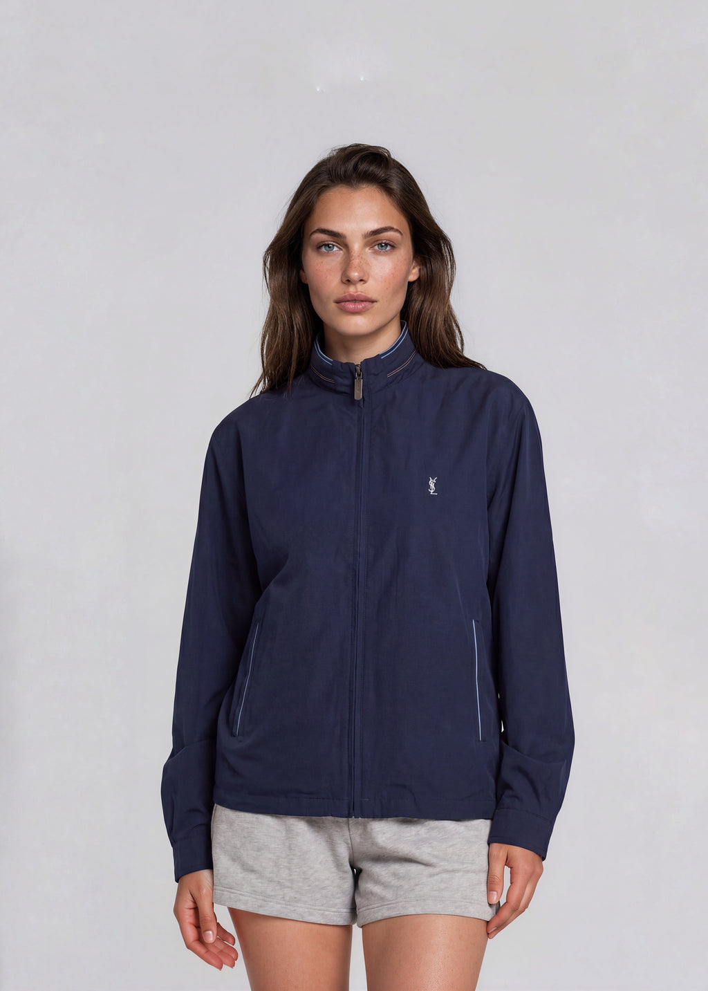 Ysl Navy Windbreaker with Blue and Brown Piping