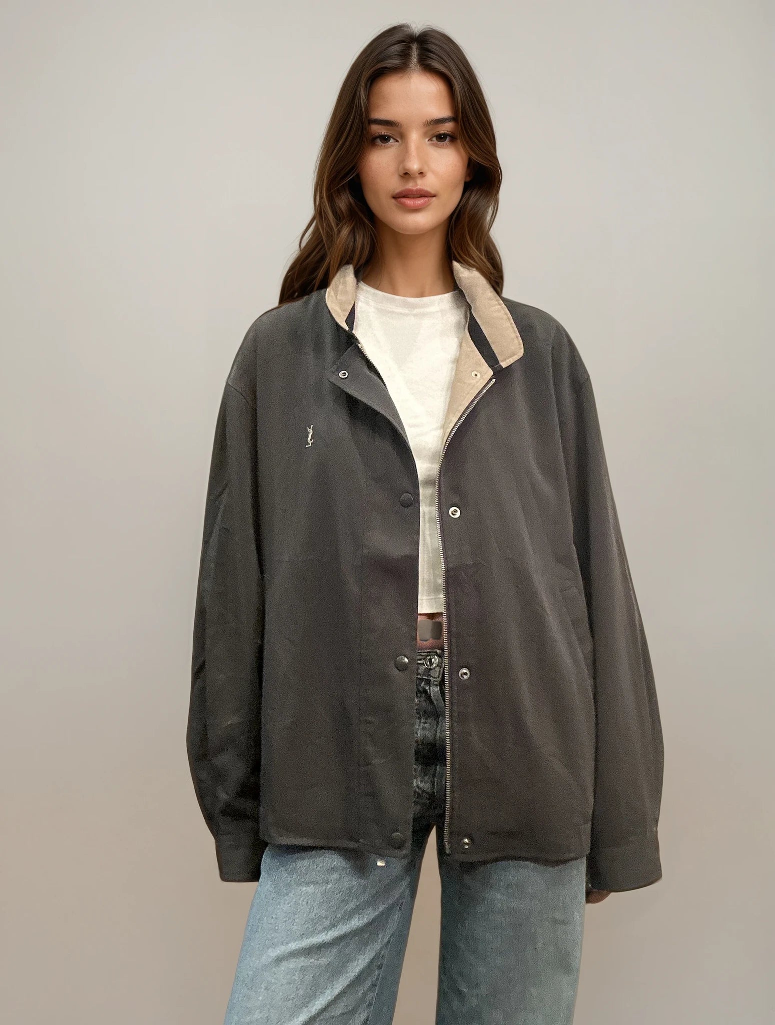 YSL Green and Tan Button Bomber