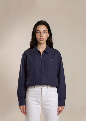 YSL Navy Solid Collared Bomber with White Logo