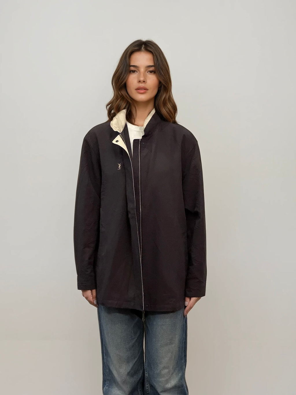 Ysl Black Zip Bomber with Cream Collar