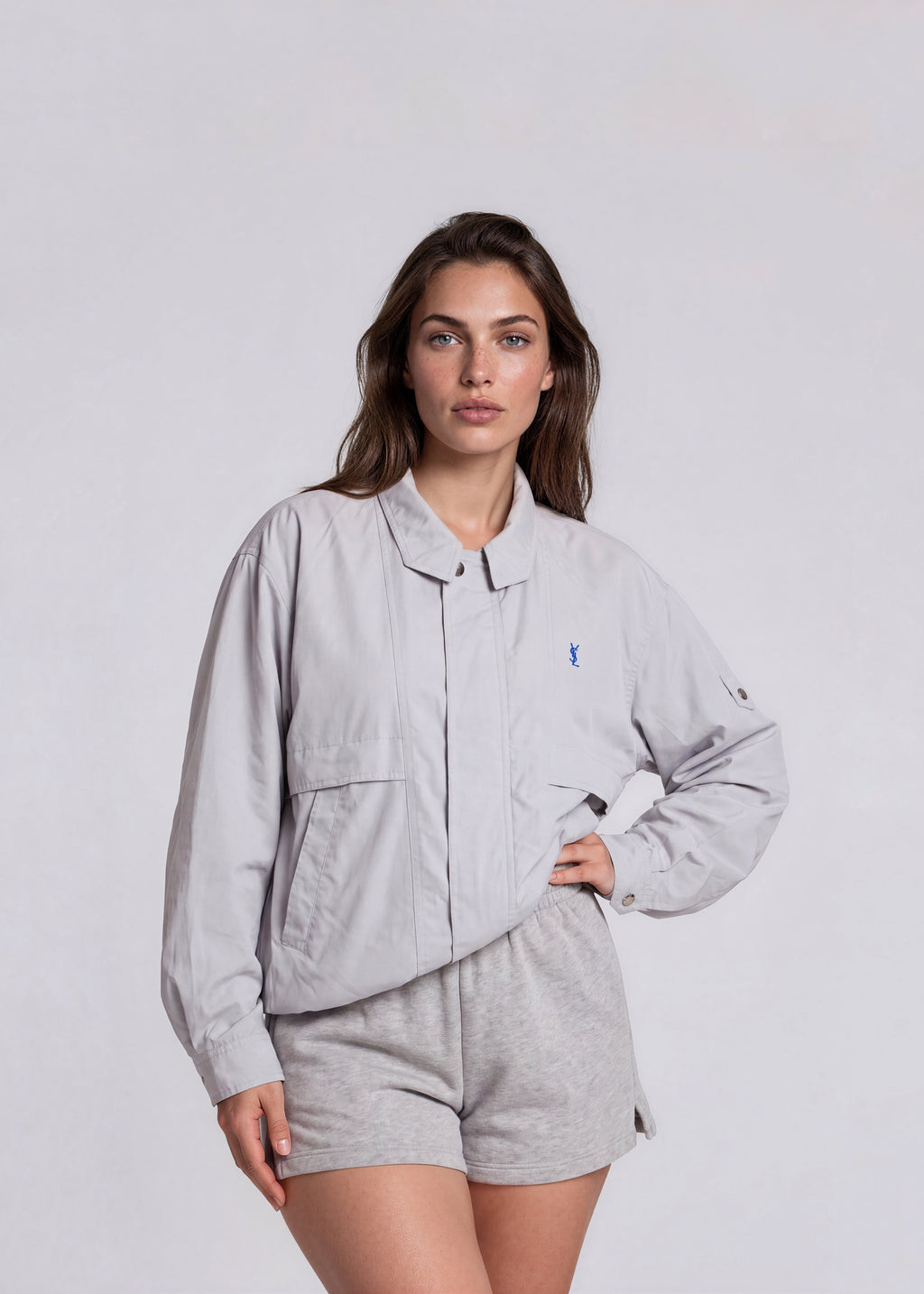 YSL Light Grey Collared Bomber with Cobalt Logo