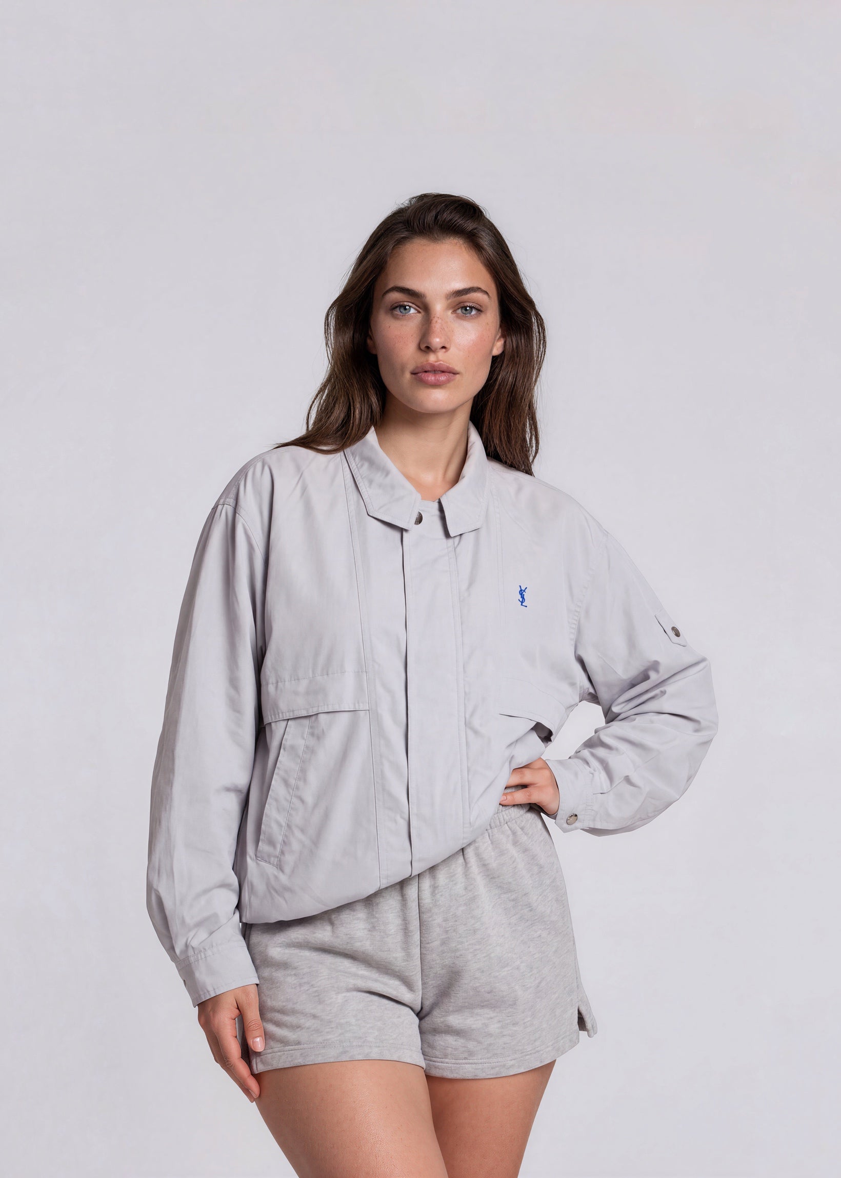 YSL Light Grey Collared Bomber with Cobalt Logo