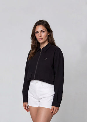 YSL Black Collared Bomber with White Logo