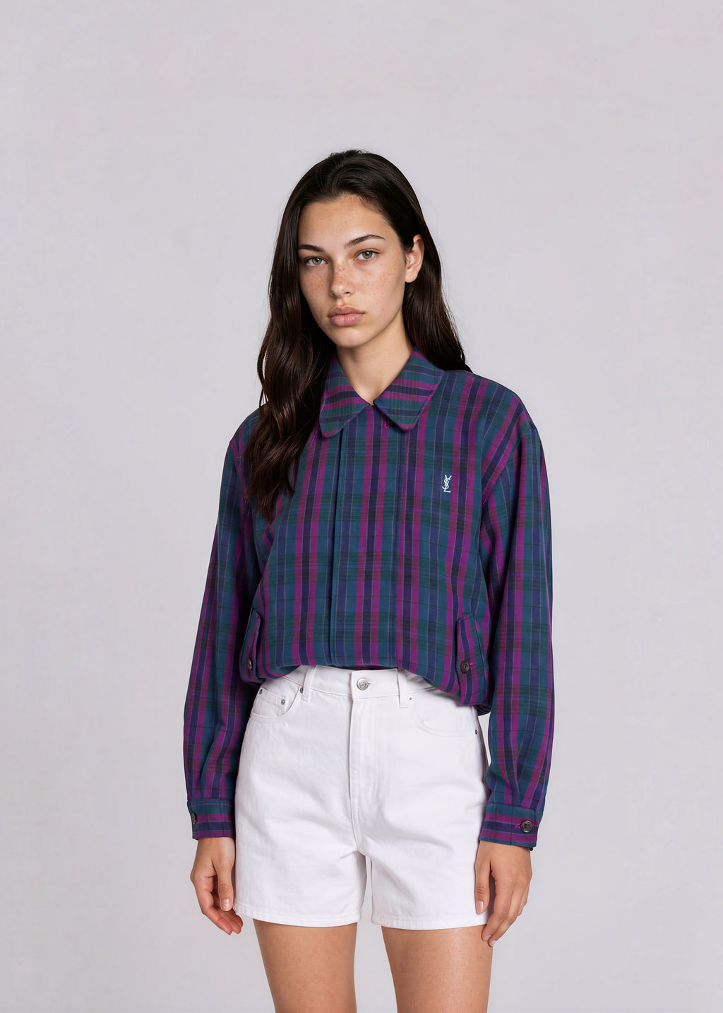 YSL Purple and Green Plaid Collared Bomber