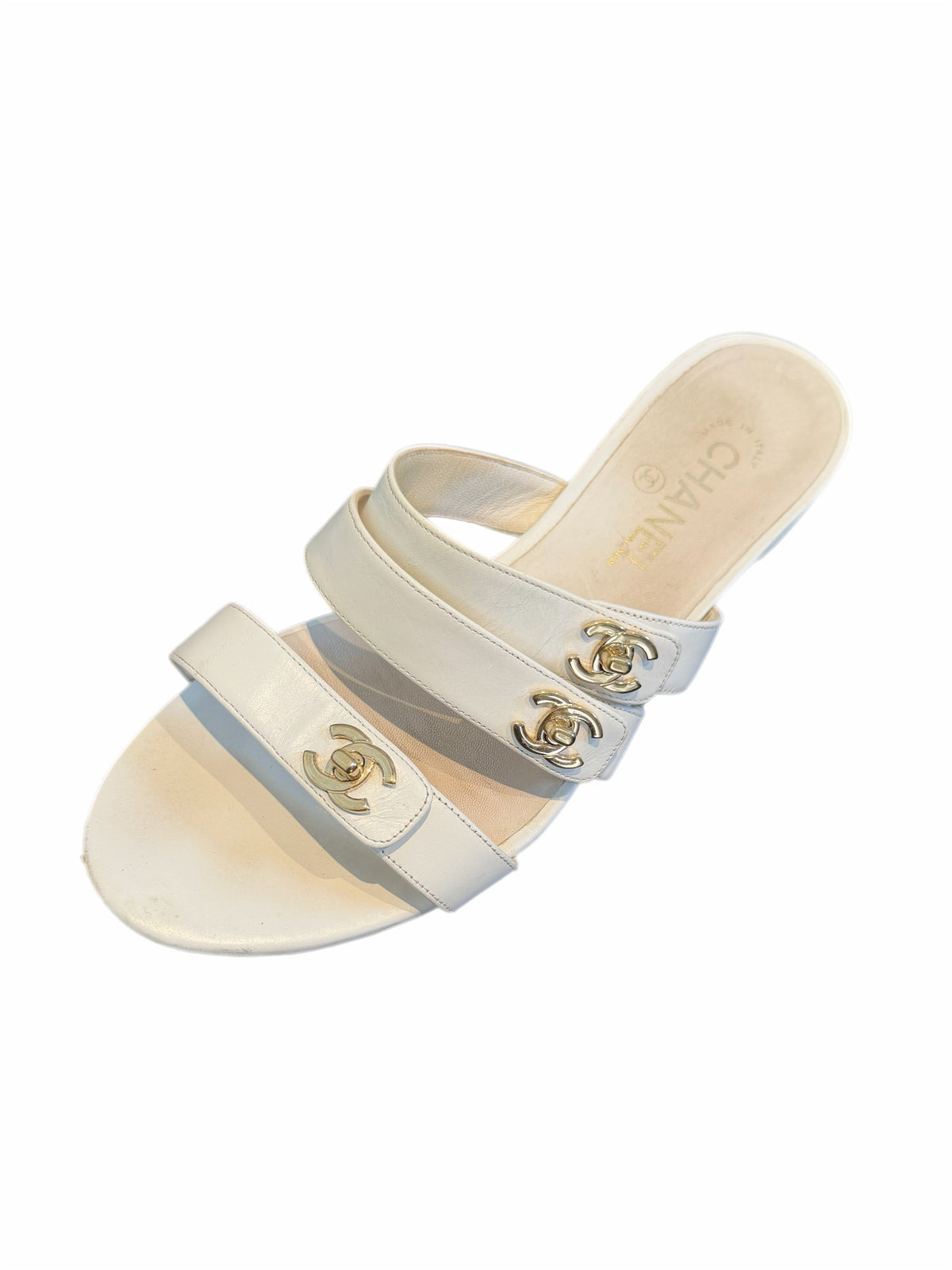 Chanel White Leather Slides