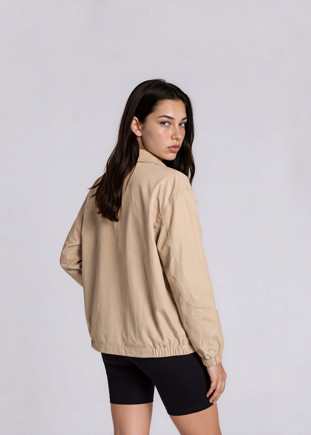 YSL Tan Collared Bomber with White Logo