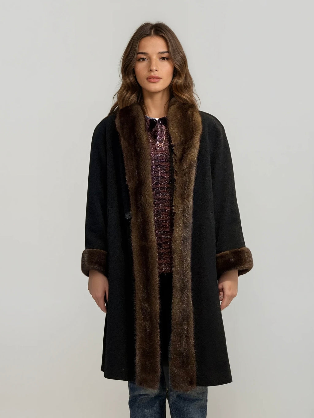 Black and Brown Wool and Mink Short Coat