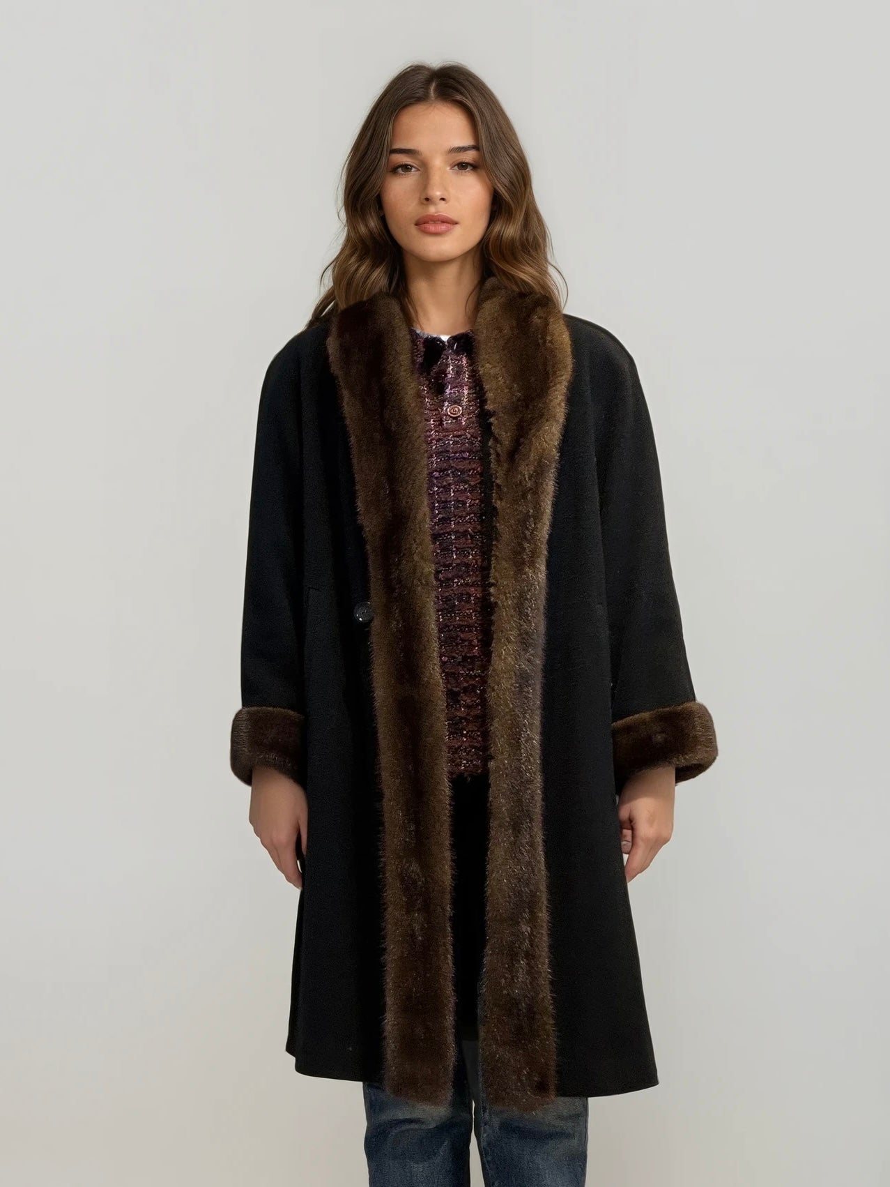 Black and Brown Wool and Mink Short Coat