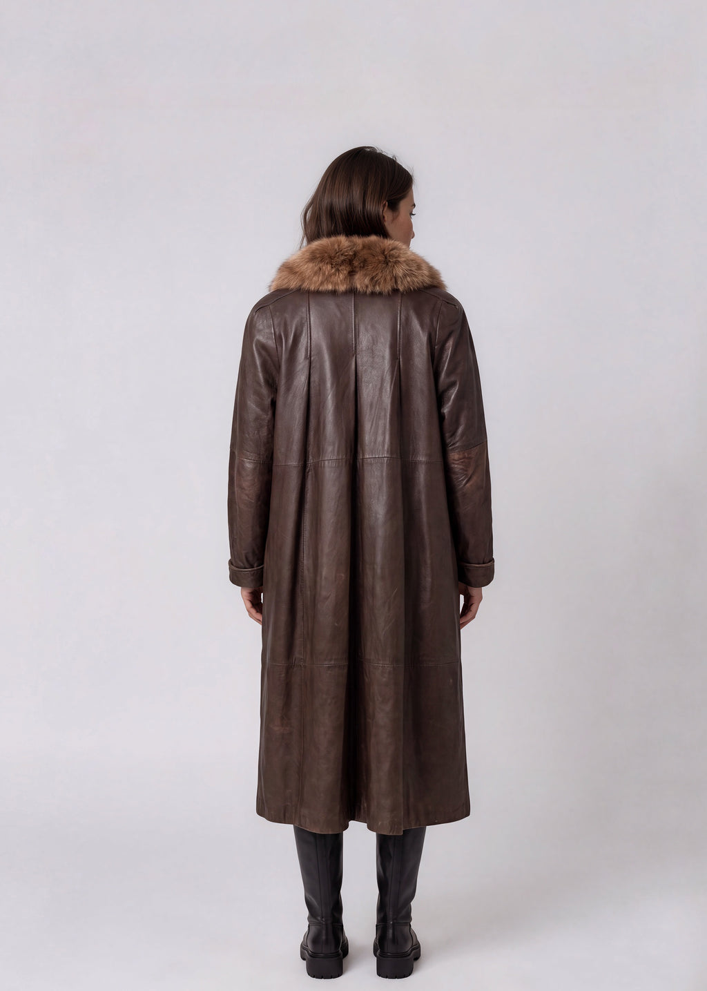 Brown Leather and Fur Trimmed Long Coat